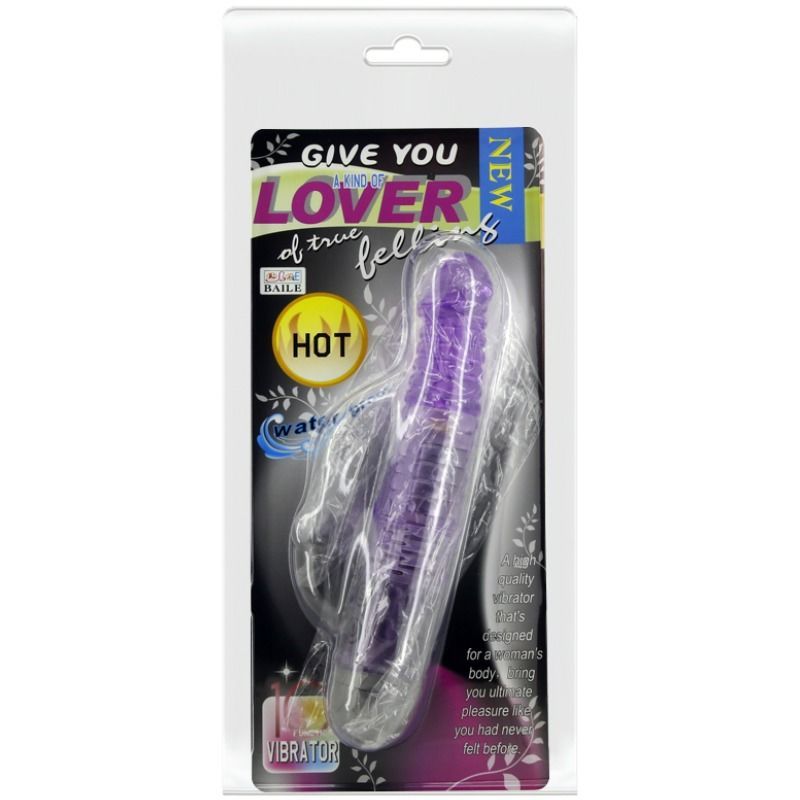 Lila Vibrator in Blisterverpackung. Produktname und Werbetext auf der Verpackung. Schwarzer Hintergrund.
