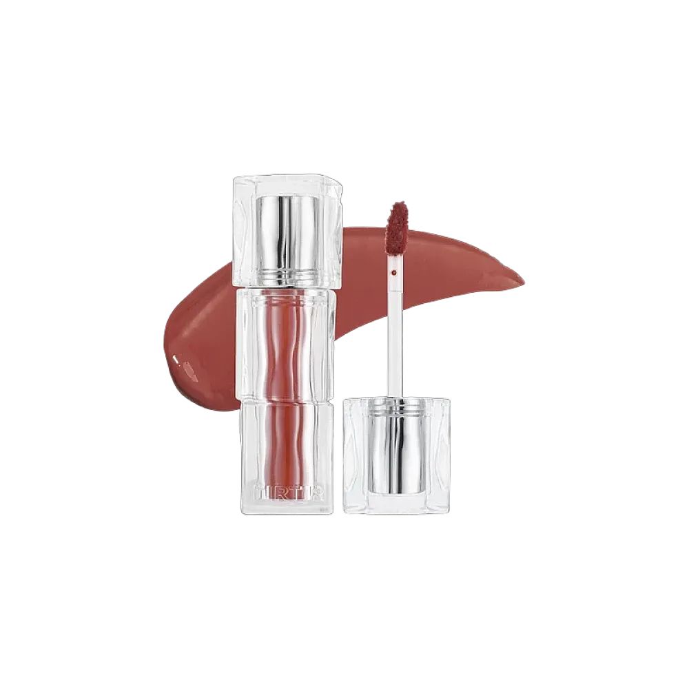 Ein TIRTIR Waterism Glow Tint-Produkt und ein Farbmuster. Klare, rechteckige Behälter mit silbernen Deckeln. Applikator sichtbar.