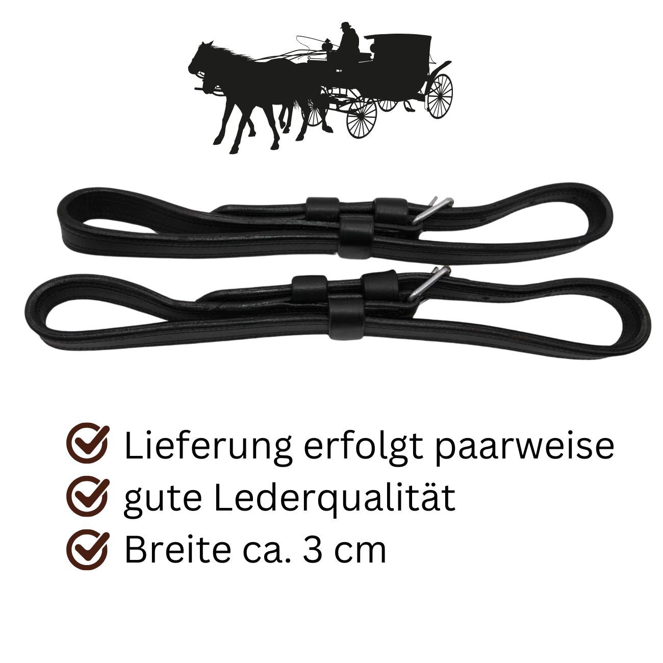 Zwei schwarze Lederriemen mit Schnallen. Text: Lieferung paarweise, gute Lederqualität, Breite ca. 3 cm.