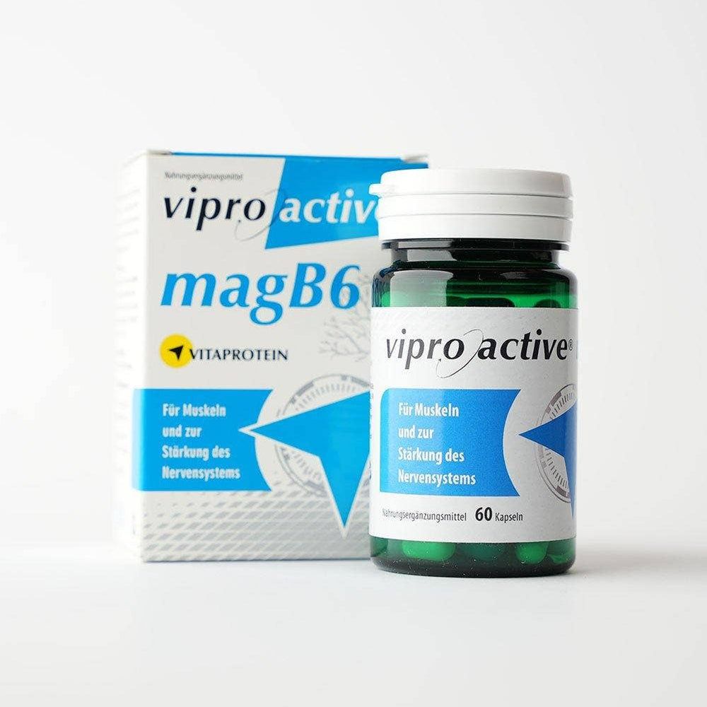 Viproactive® magB6-Kapseln und -Verpackung. Grüne Flasche mit weißen Deckel. Weiße Schachtel mit blauen Akzenten und Produktinformationen.