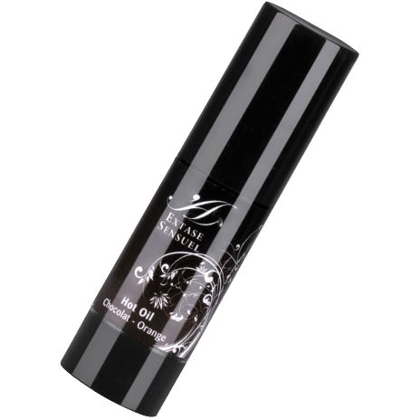 Schwarze Flasche mit dunklem Massageöl, schwarzem Deckel und floralem Etikett.