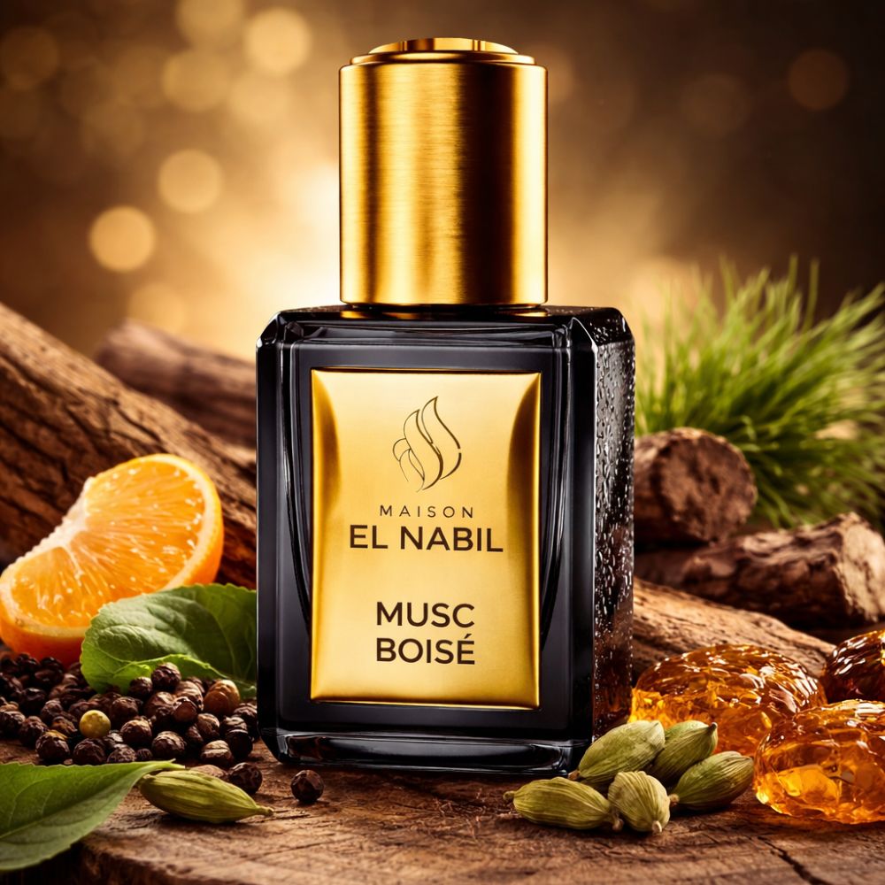 Schwarze Glasflasche mit goldenem Etikett, umgeben von Orangen-, Pfeffer- und Kardamom-Elementen.
