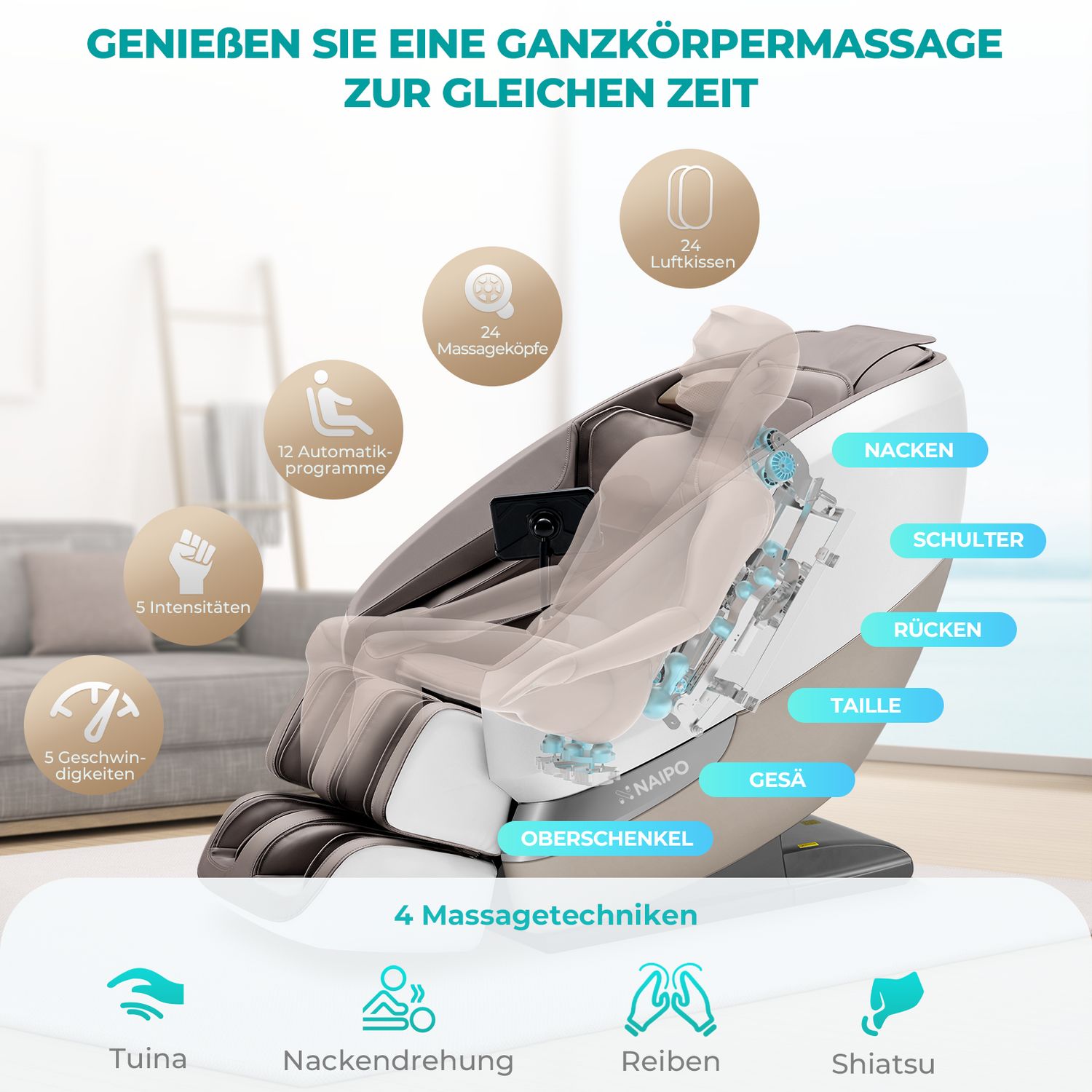 Naipo Massagesessel, Tai Chi MassagestuhGrau