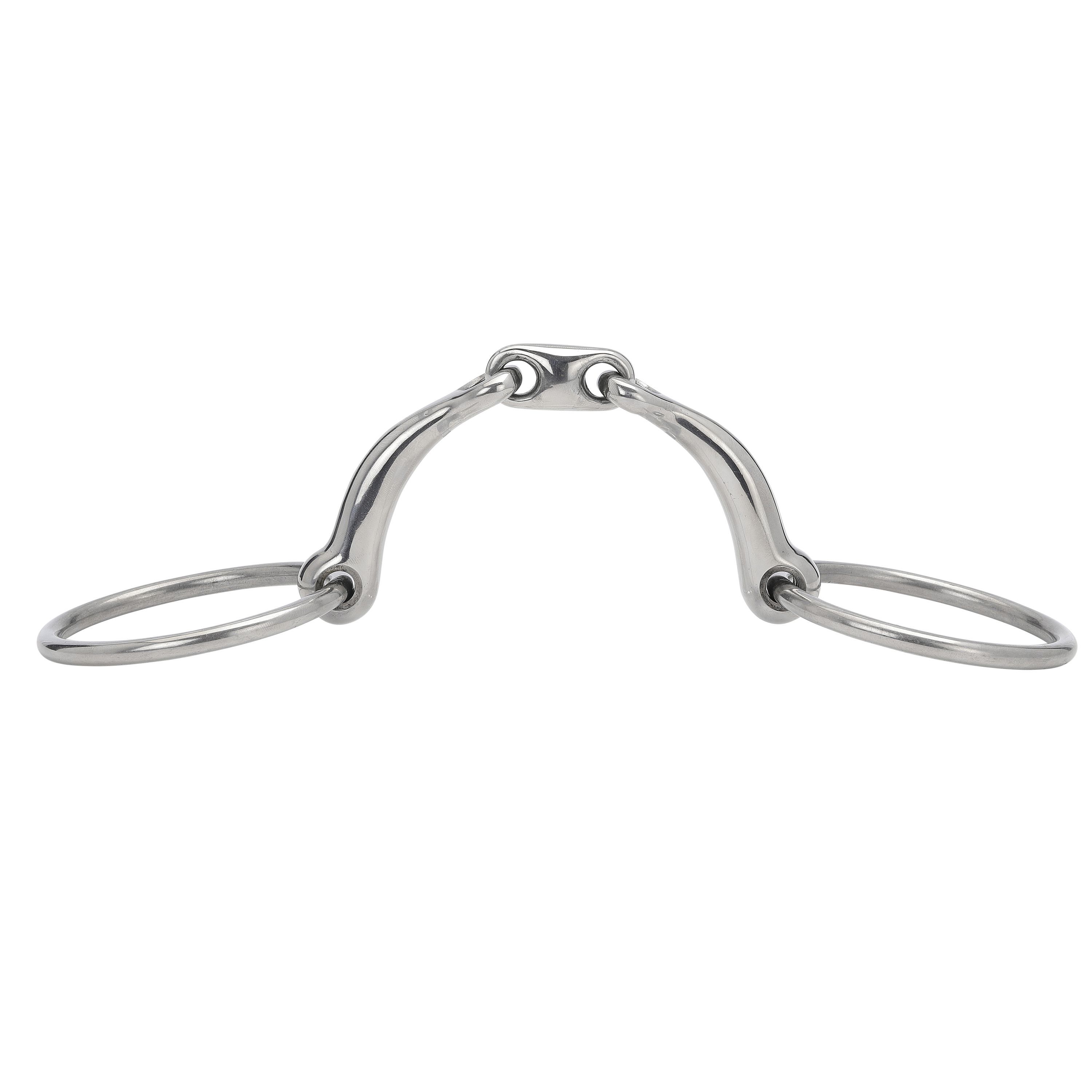 Gebiss mit zwei Ringen und einem gebogenen Mundstück aus Metall. Das Mundstück ist anatomisch geformt.