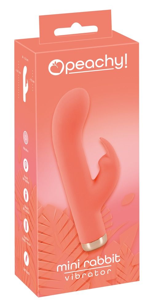 Verpackung mit korallenfarbenem Vibrator. Produktname: Mini Rabbit Vibrator. Marke: Peachy!