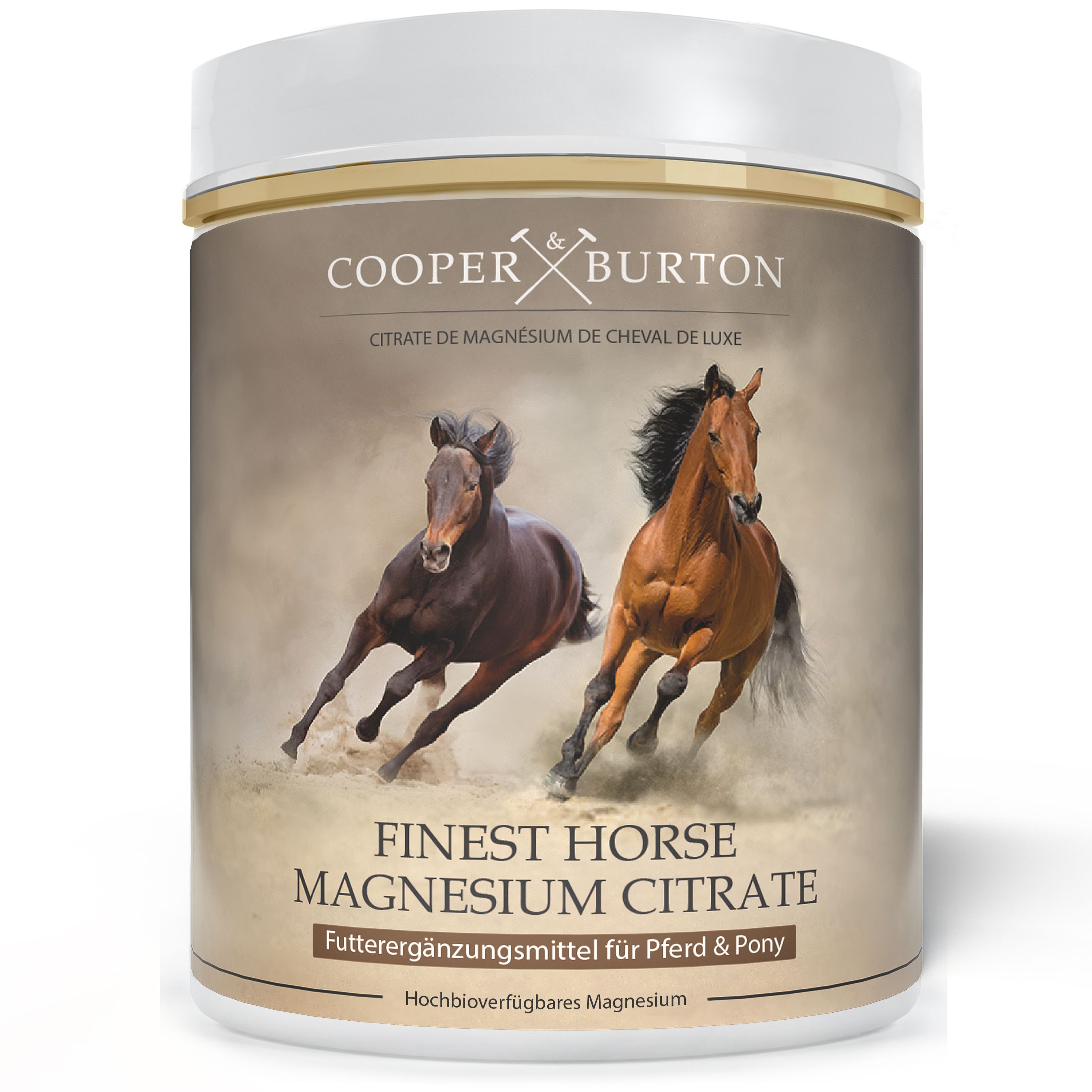 Produkt-Dose mit Pferden. Text: Finest Horse Magnesium Citrate. Logo COOPER & BURTON. Futterergänzungsmittel für Pferd & Pony.