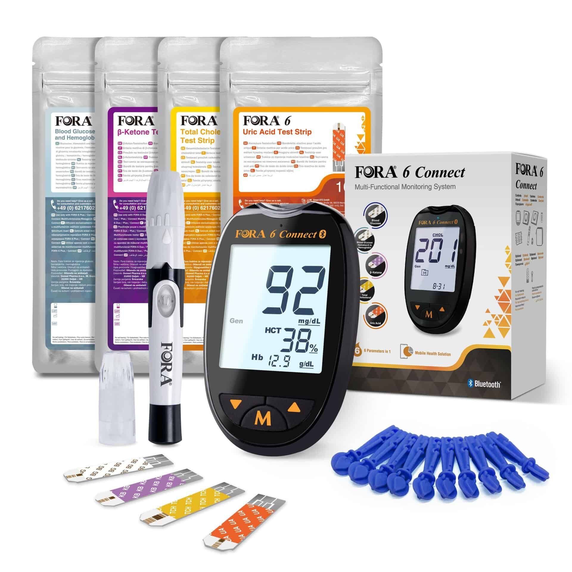 FORA 6 Connect 6-in-1 Starter-Kit - für Zuhause - Bluetooth-Sync - mmol/l