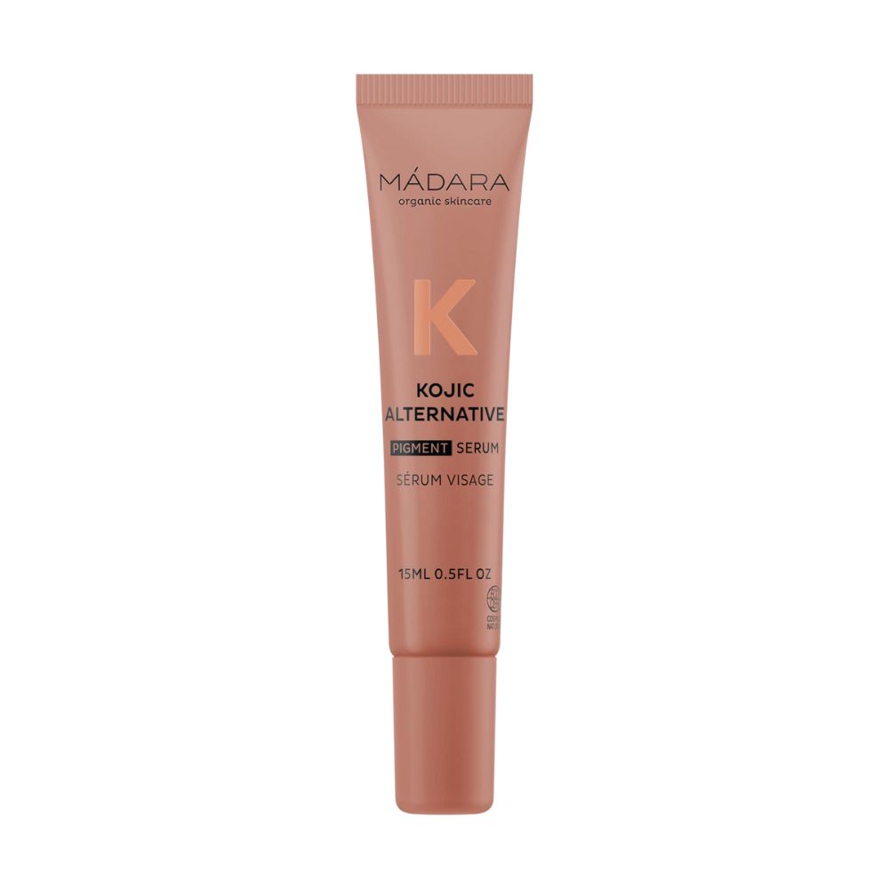 Hautserum in einer Tube. Aufschrift: MÁDARA, Kojic Alternative Pigment Serum, Serum Visage. 15ml.