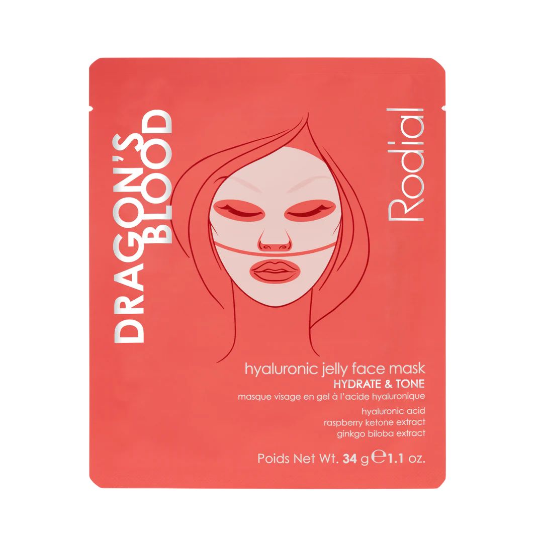 Gesichtsmaske in roter Verpackung. Schriftzug Dragon's Blood und Rodial. Abbildung eines Gesichts. Text: Hyaluronic Jelly Face Mask.