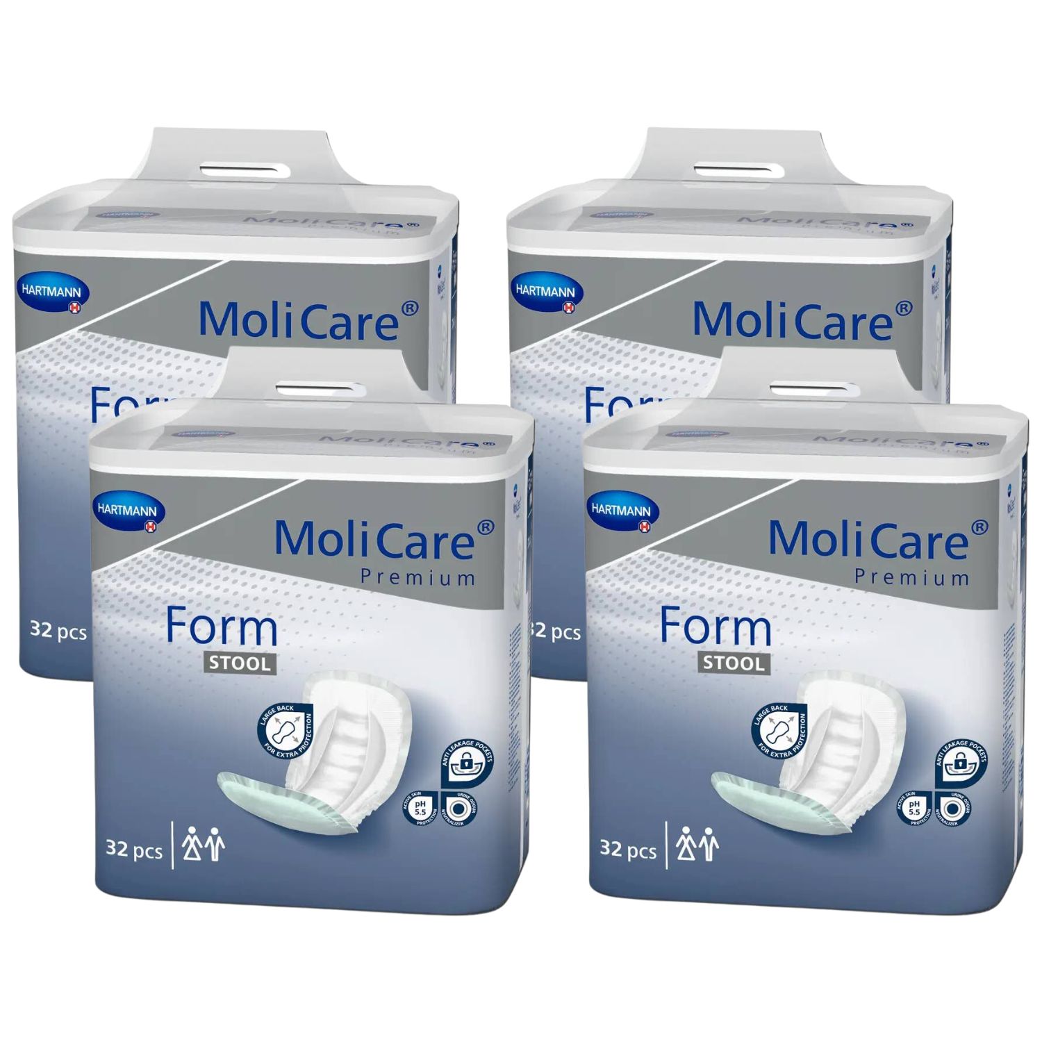 Vier Packungen MoliCare Premium Form STOOL. Jede Packung zeigt ein Produktbild und enthält 32 Stück. Hartmann Logo.