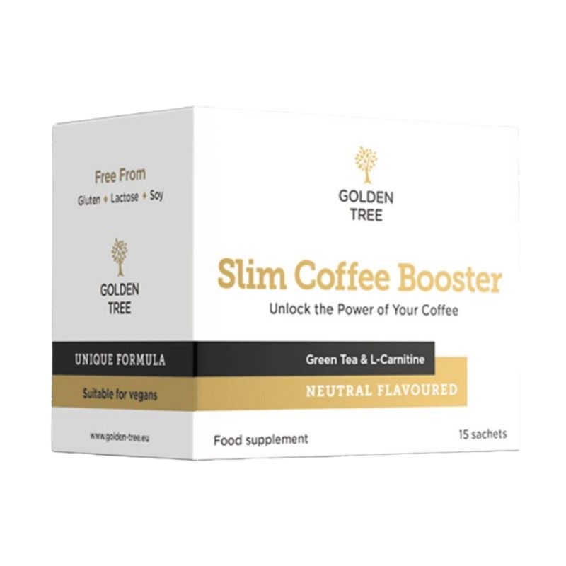 Weißer Karton mit "Golden Tree Slim Coffee Booster". Enthält 15 Sachets. Aufschrift: "Free From Gluten, Lactose, Soy".