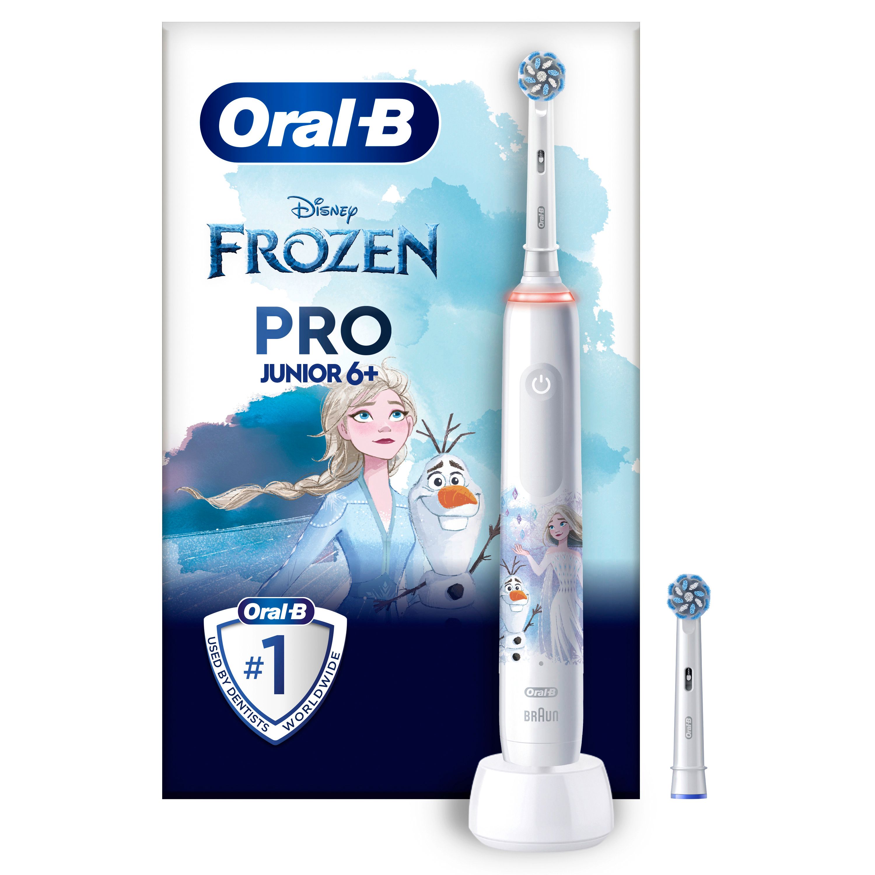 Elektrische Zahnbürste, Ladestation und 2 Bürstenköpfe. Oral-B Pro Junior 6+ Frozen. Mit Elsa und Olaf.