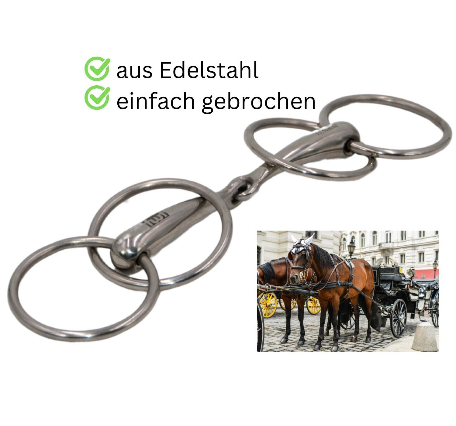 Doppelringtrense aus Edelstahl, einfach gebrochen. Mit zwei Ringen und einem Mundstück. Im Hintergrund ein Pferd mit Kutsche.