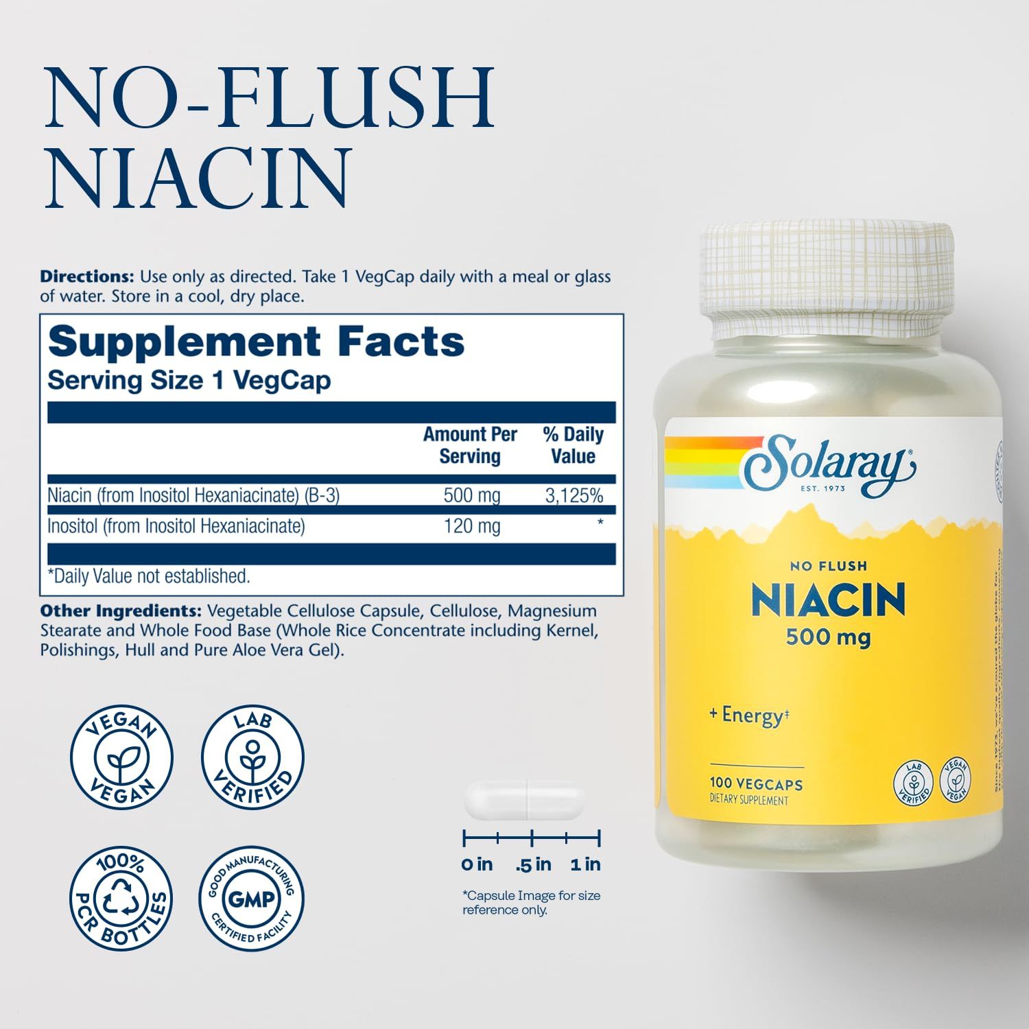 Solaray No-Flush Niacin 500 mg. Weiße Kapseln in einer Flasche. Enthält 100 VegCaps. Vegan, Laborgeprüft, PCR-Flaschen, GMP-zertifiziert.