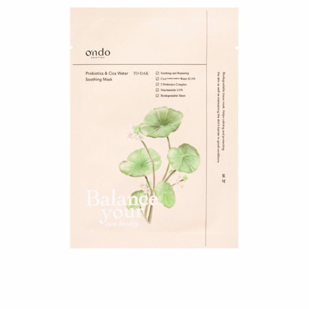 Beutel mit Produktnamen und Pflanzenillustration. Oben links: Logo. Text: Probiotics & Cica Water Soothing Mask To-Dak. Pflanzenabbildung.