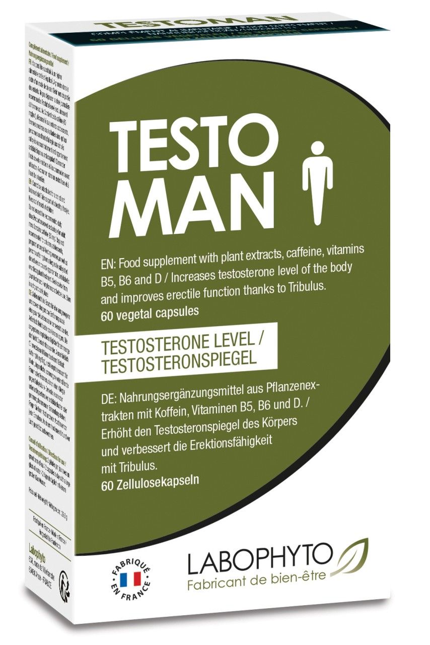 Schachtel mit "TESTO MAN" Schriftzug. Enthält Nahrungsergänzungsmittel mit Pflanzenextrakten, Koffein, Vitaminen. 60 Kapseln.