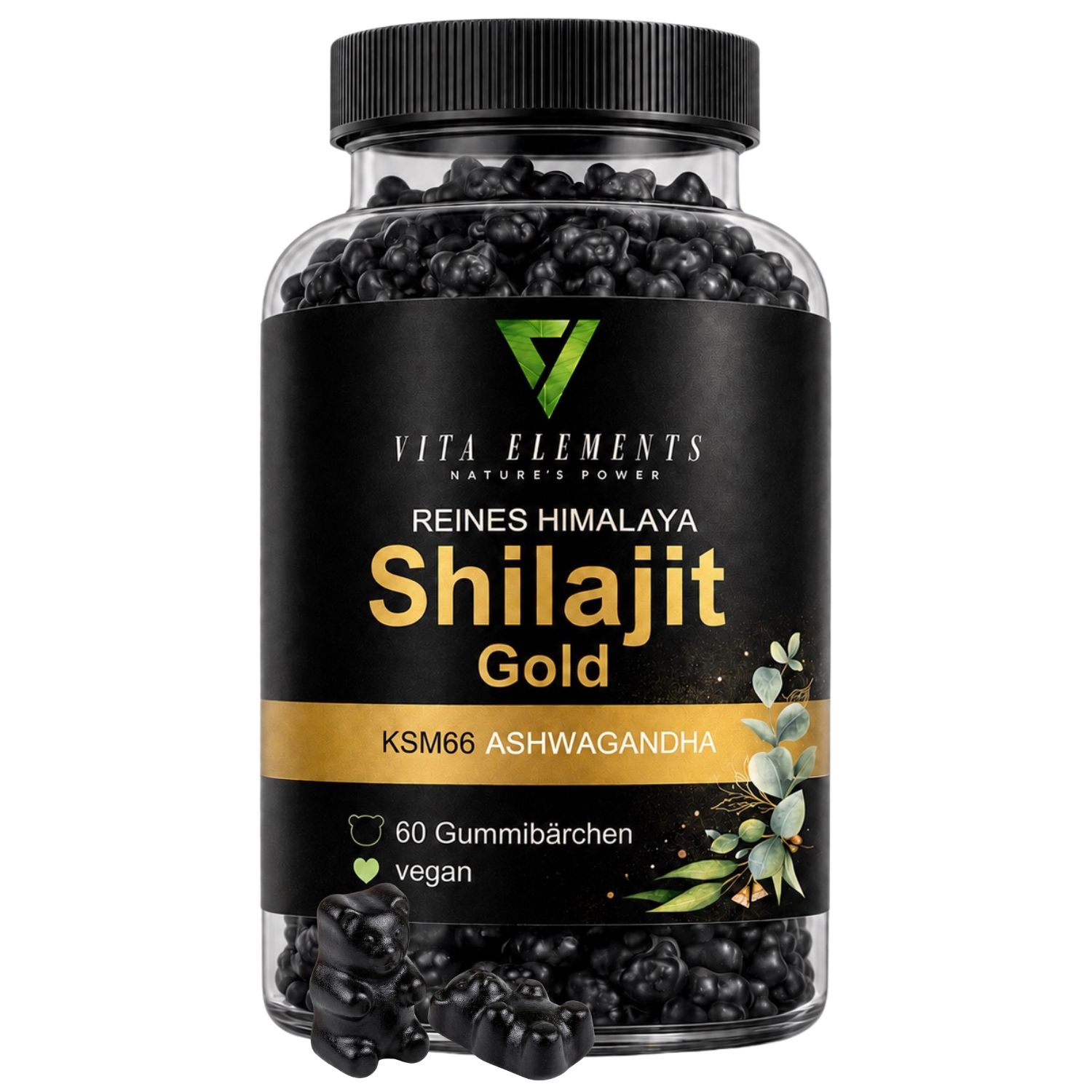 Flasche mit 60 veganen Shilajit Gold Gummibärchen.