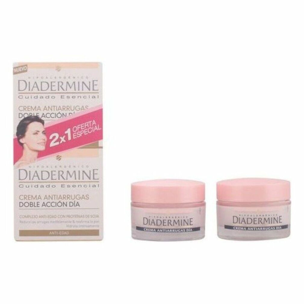Diadermine Creme, zwei Tiegel und eine Verpackung. Aufschrift: Creme Anti-Falten, 2x1 Angebot.