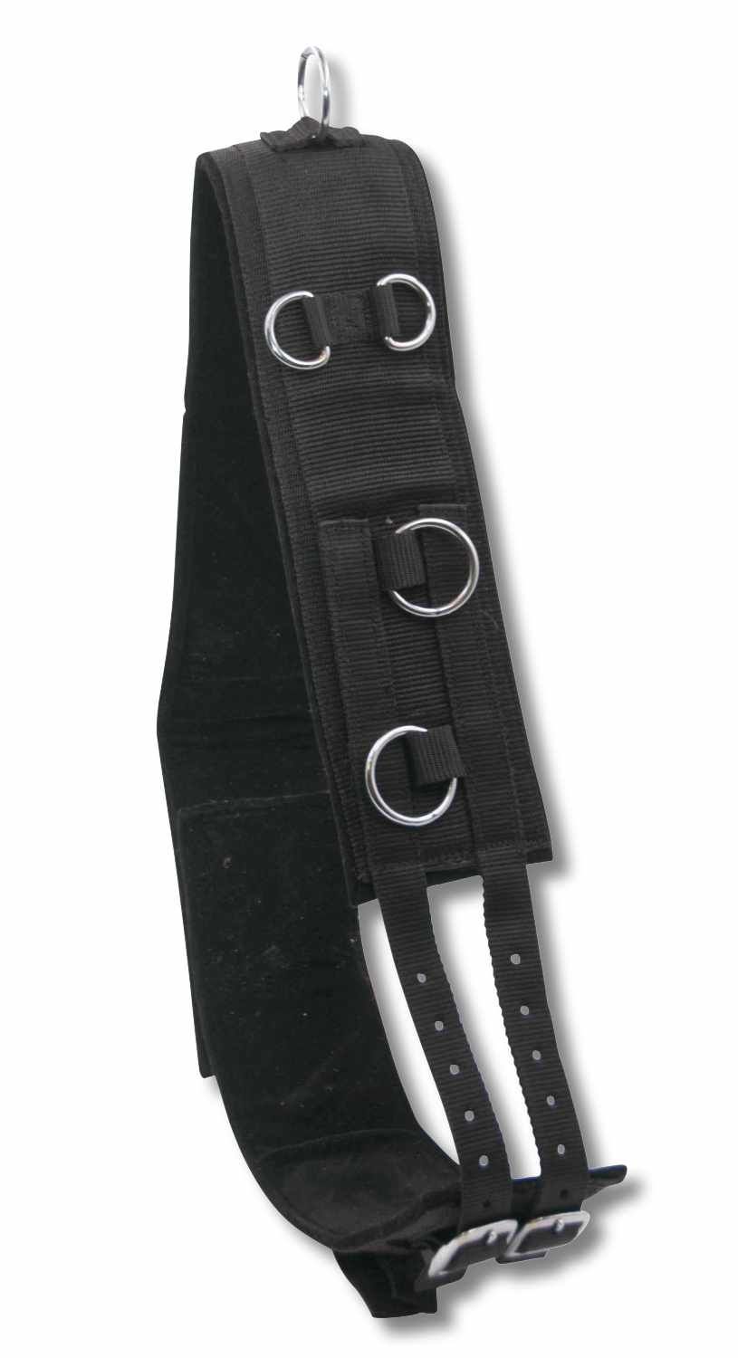 Schwarzer Longiergurt mit Metallringen und Schnallen. Oben ein Ring zur Befestigung.