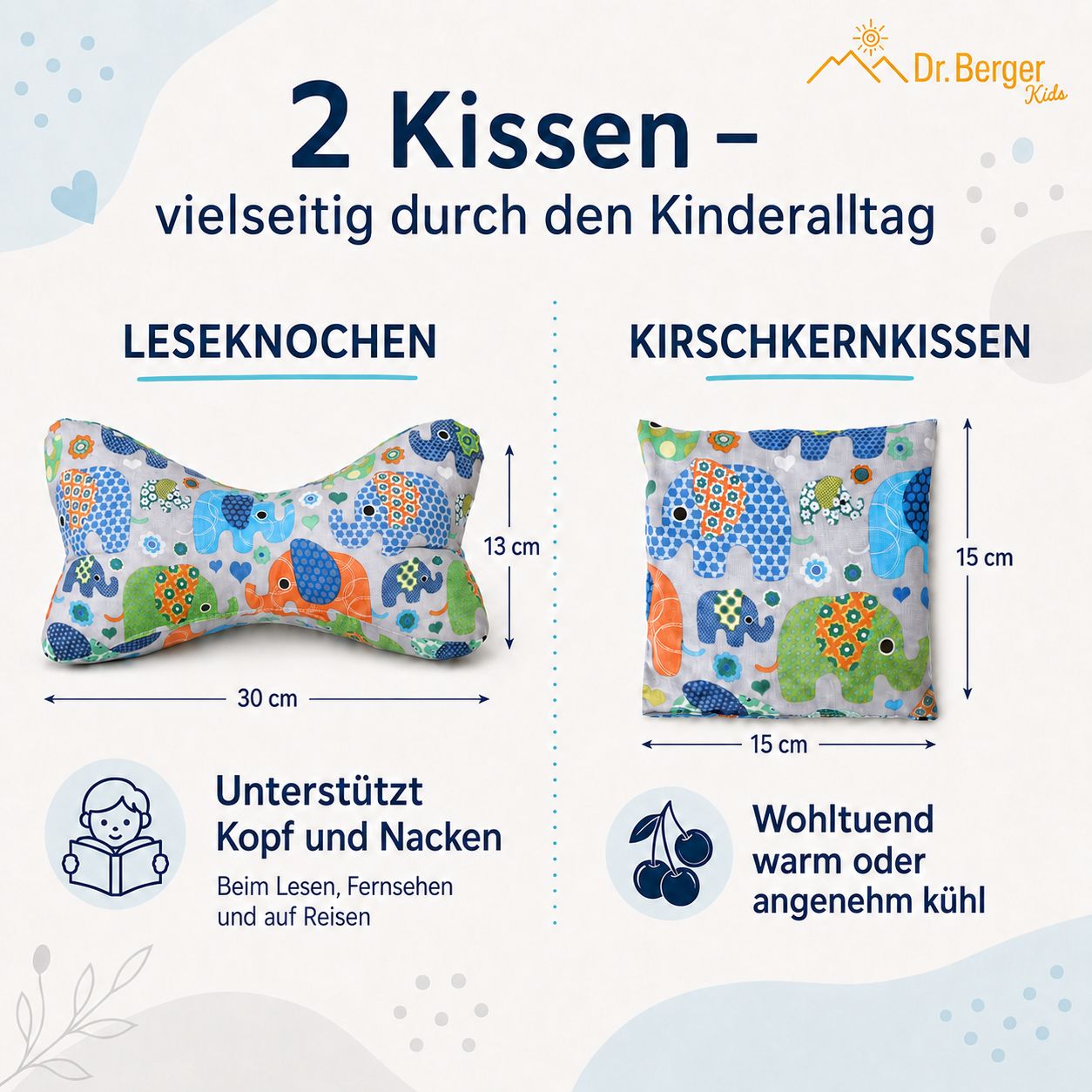 Knochenkissen (30x13cm) und Kirschkernkissen (15x15cm) mit Elefantenmuster.