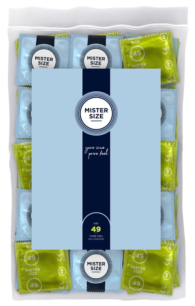 Beutel mit Kondomen. Blaue und grüne Einzelverpackungen. Aufdruck: Mister Size, 49. 100 Kondome.