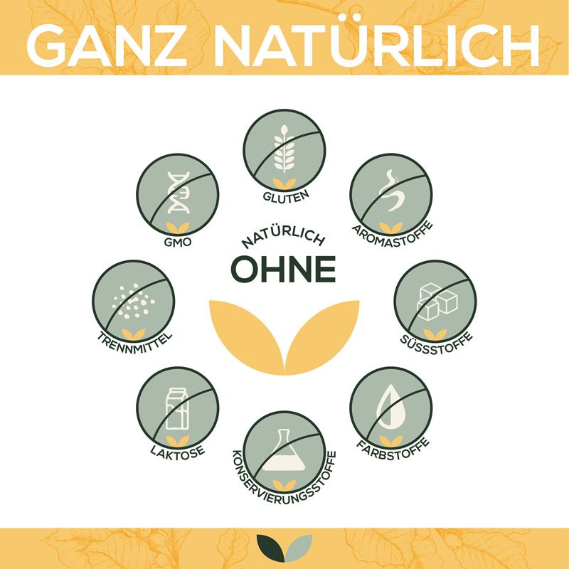 Kreisförmige Anordnung von Symbolen: GMO, Gluten, Aromastoffe, Süßstoffe, Trennmittel, Laktose, Konservierungsstoffe, Farbstoffe. Text: Natürlich OHNE.