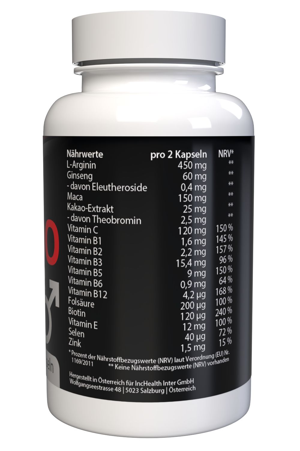 Rückseite einer weißen Kapsel-Dose. Schwarzer Hintergrund mit Text. Nährwerttabelle mit Inhaltsstoffen pro 2 Kapseln.