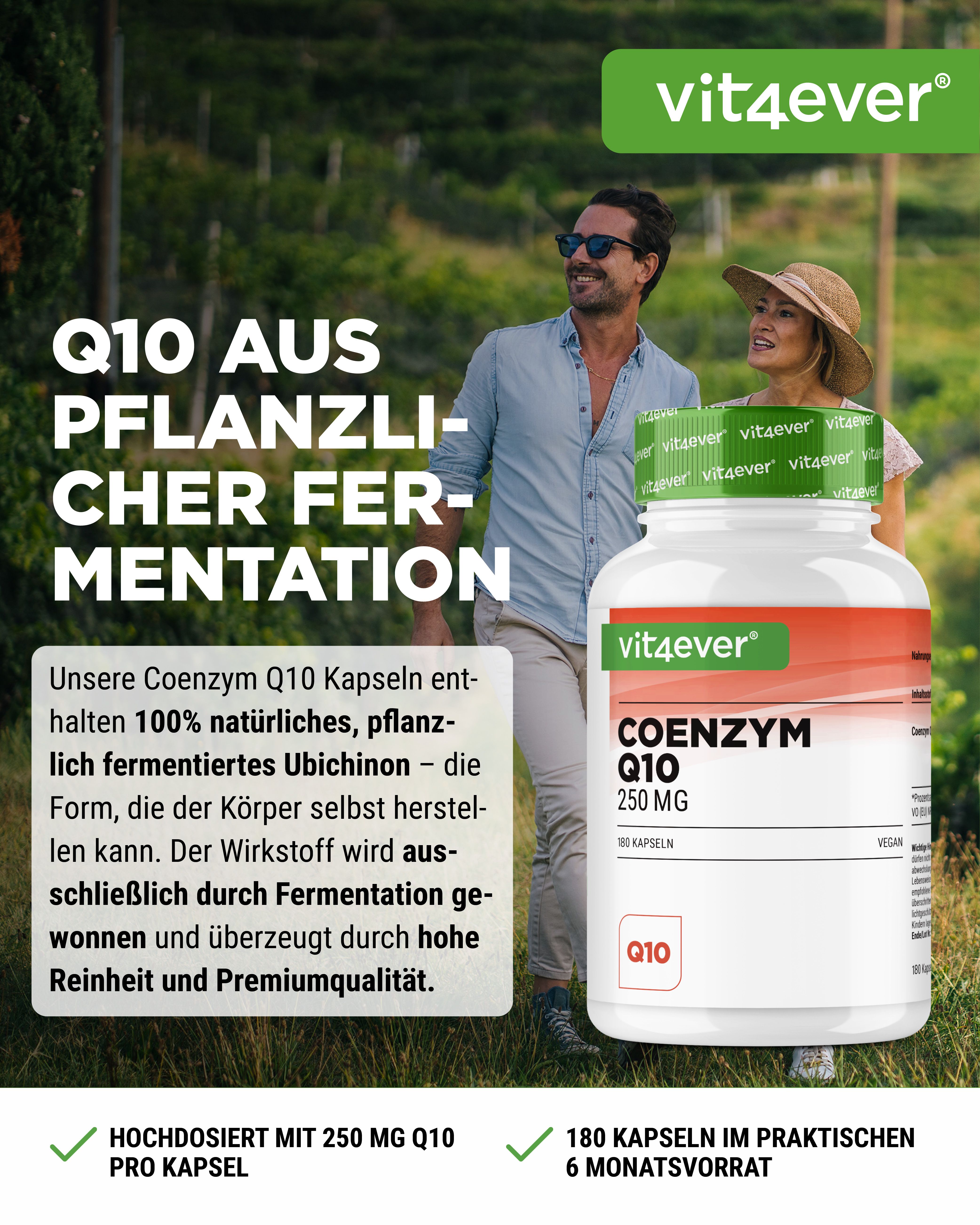 Weiße Flasche mit rotem Etikett, grüner Deckel. Aufschrift: Coenzym Q10 250 mg. 180 Kapseln. Q10 aus pflanzlicher Fermentation.
