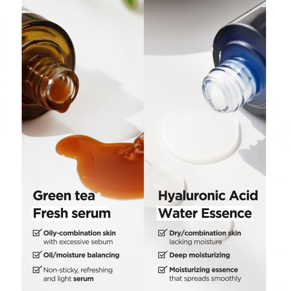 Vergleich von zwei Seren. Links: Green Tea Fresh Serum. Rechts: Hyaluronsäure Water Essence. ISNTREE.