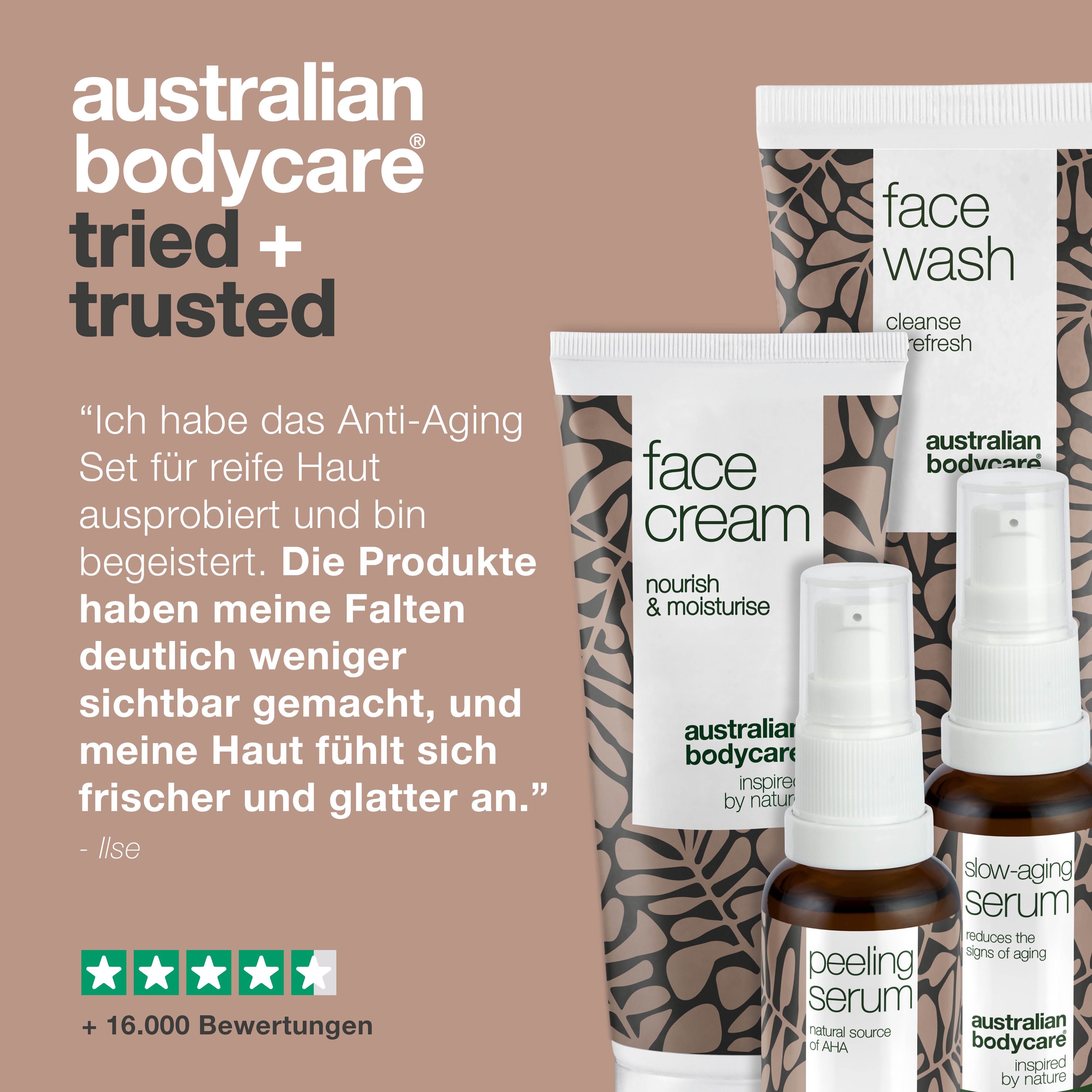 Australian Bodycare Produkte. Kundenbewertung: Falten reduziert, Haut frischer. Face Cream, Face Wash, Seren.