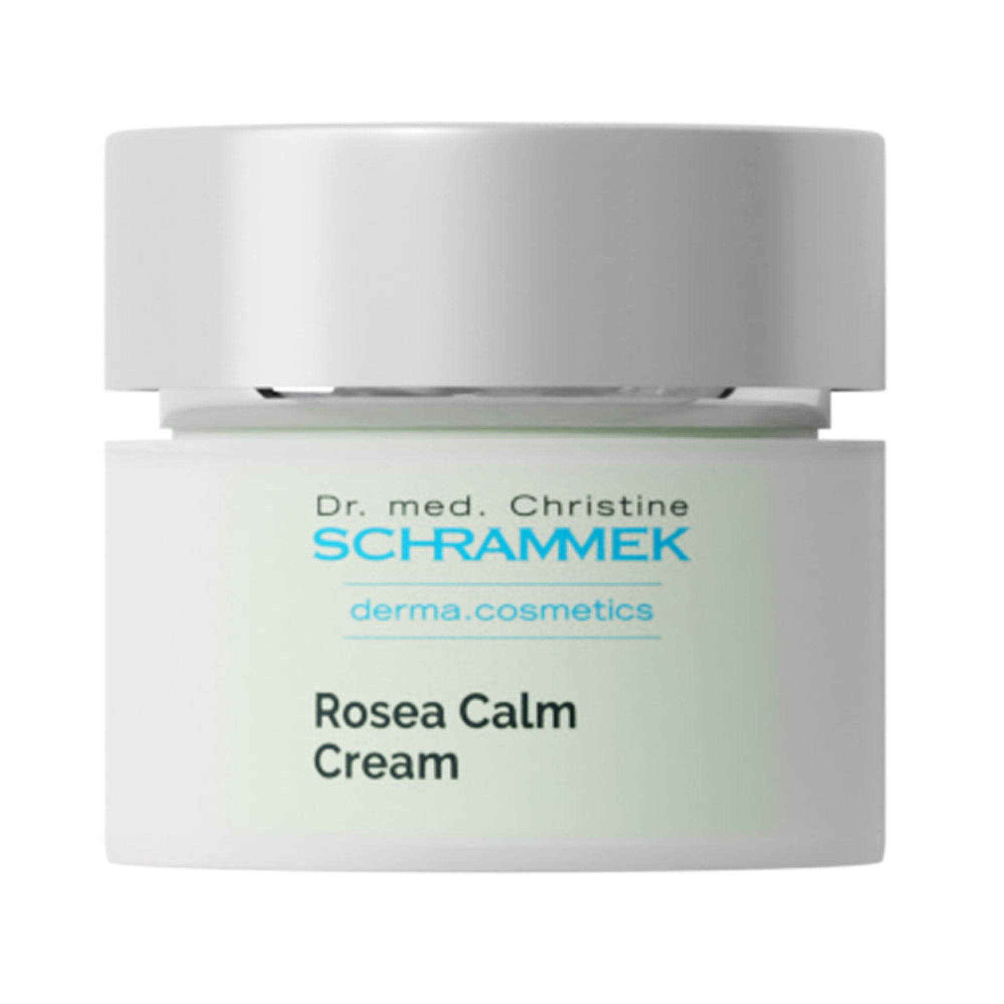 Creme-Tiegel mit Deckel. Aufschrift: Dr. med. Christine Schrammek, derma.cosmetics, Rosea Calm Cream.