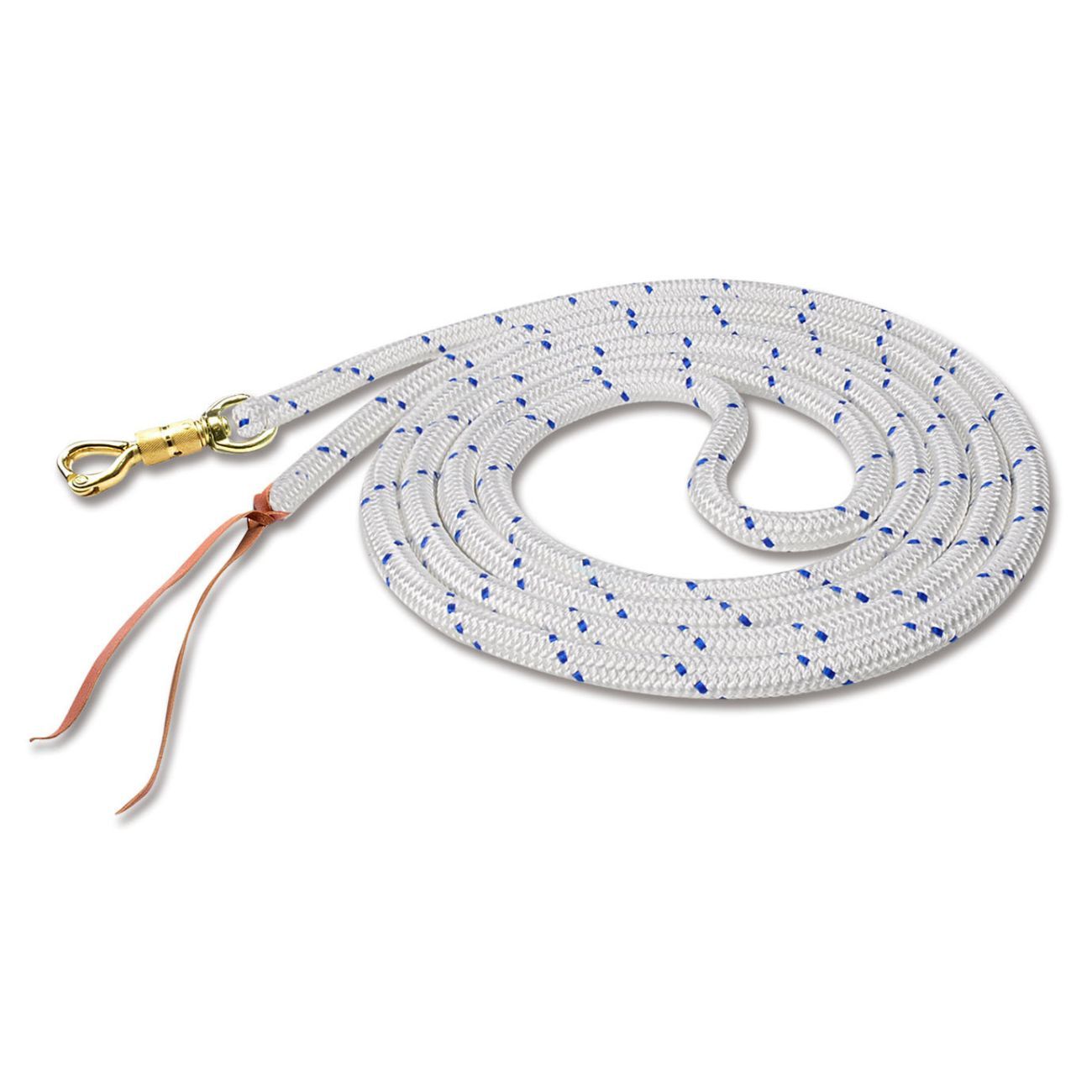 Weiße Bodenleine mit goldfarbenem Karabinerhaken und Lederriemen. Blaue Akzente im Seil.