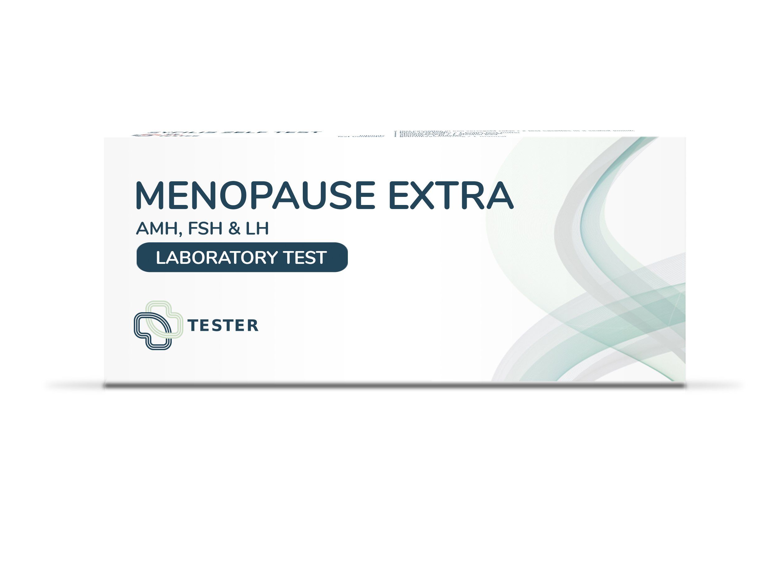 Karton mit Aufschrift "MENOPAUSE EXTRA". Enthält AMH, FSH & LH. "LABORATORY TEST" und "TESTER" sind ebenfalls sichtbar.