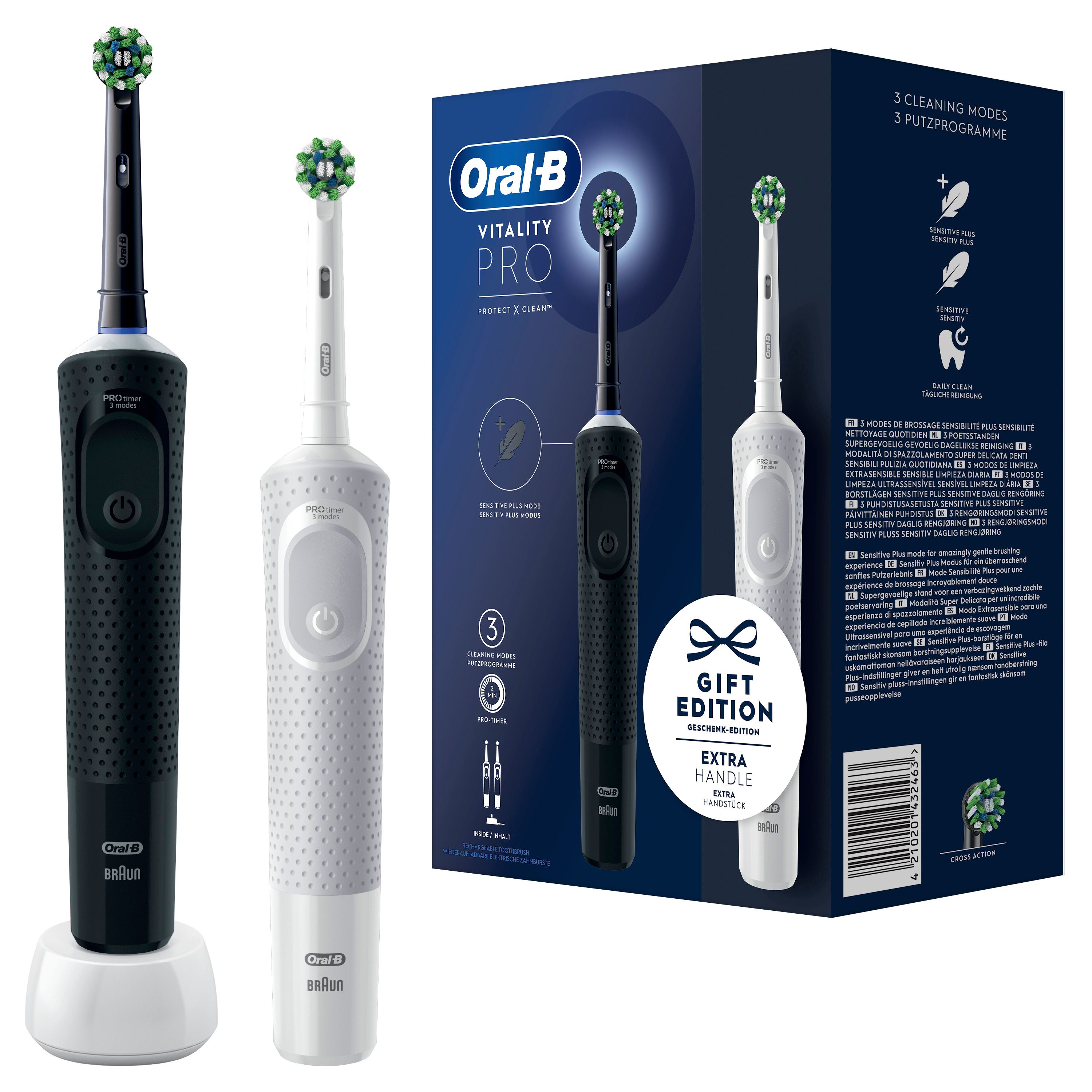 Elektrische Zahnbürsten in Schwarz und Weiß. Verpackung mit Produktabbildung und Text: Oral-B Vitality Pro.