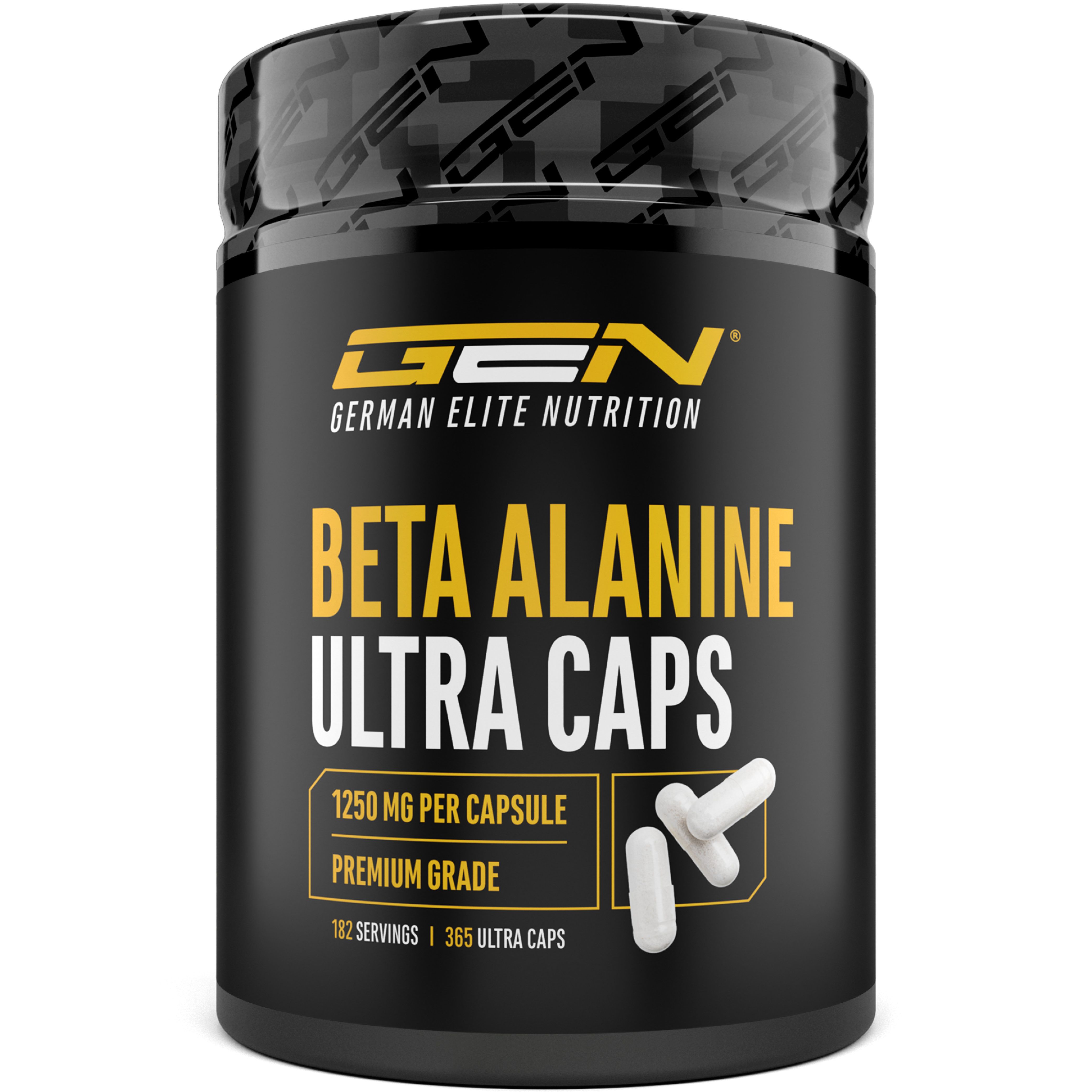 Schwarze Dose mit gelber Schrift: GEN Beta Alanine Ultra Caps. Enthält Kapseln. 1250 mg pro Kapsel. Premium Grade.