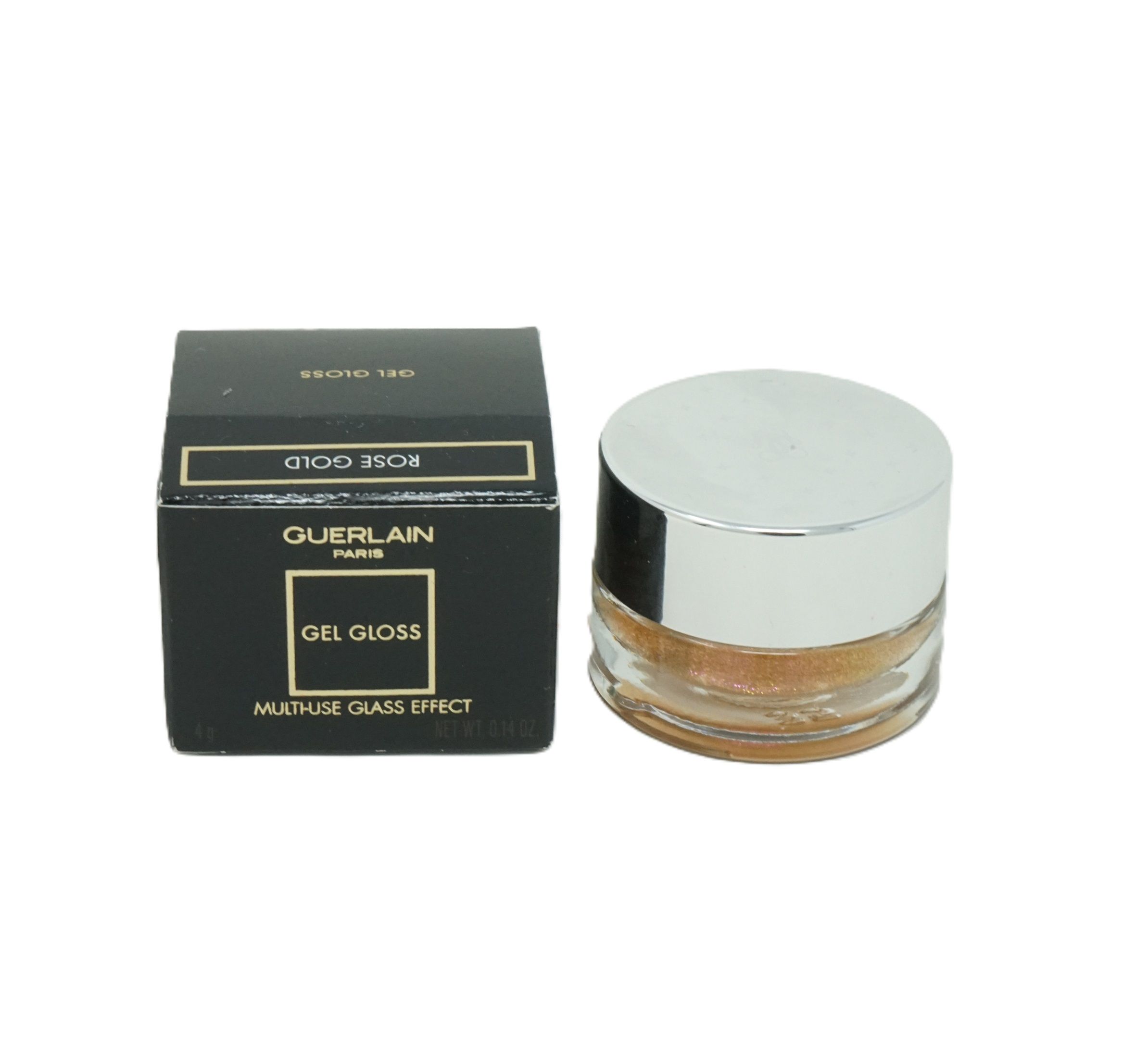 Schwarze Verpackung mit Produkt. Aufschrift: Guerlain, Gel Gloss, Rose Gold, Multi-Use Glass Effect. Glas mit silbernem Deckel.