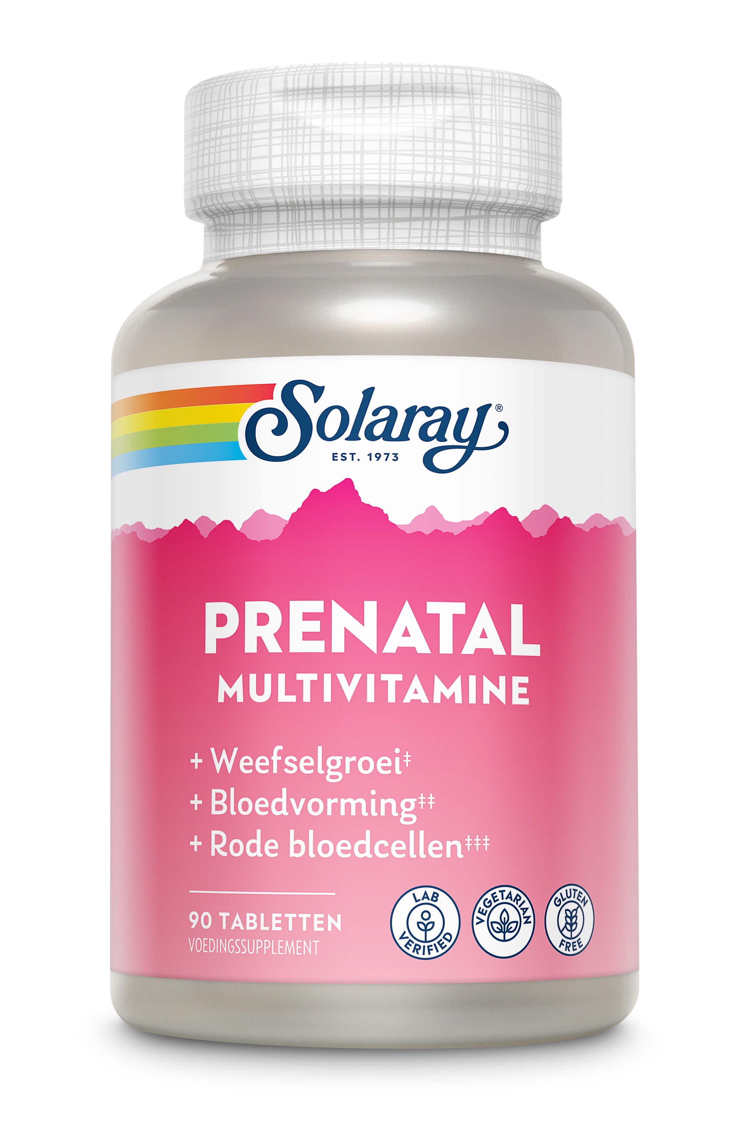 Eine Flasche Solaray Prenatal Multivitamine. Rosa Etikett mit weißer Schrift. Enthält 90 Tabletten. Mit Lab-Verified-Siegel.