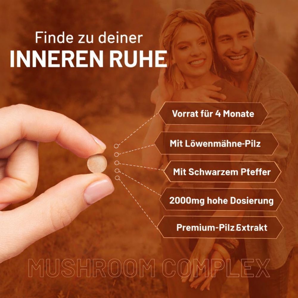 Hand hält Tablette. Text: 4 Monate Vorrat, mit Löwenmähne, schwarzem Pfeffer, 2000mg, Premium-Pilzextrakt. Hintergrund: Paar.