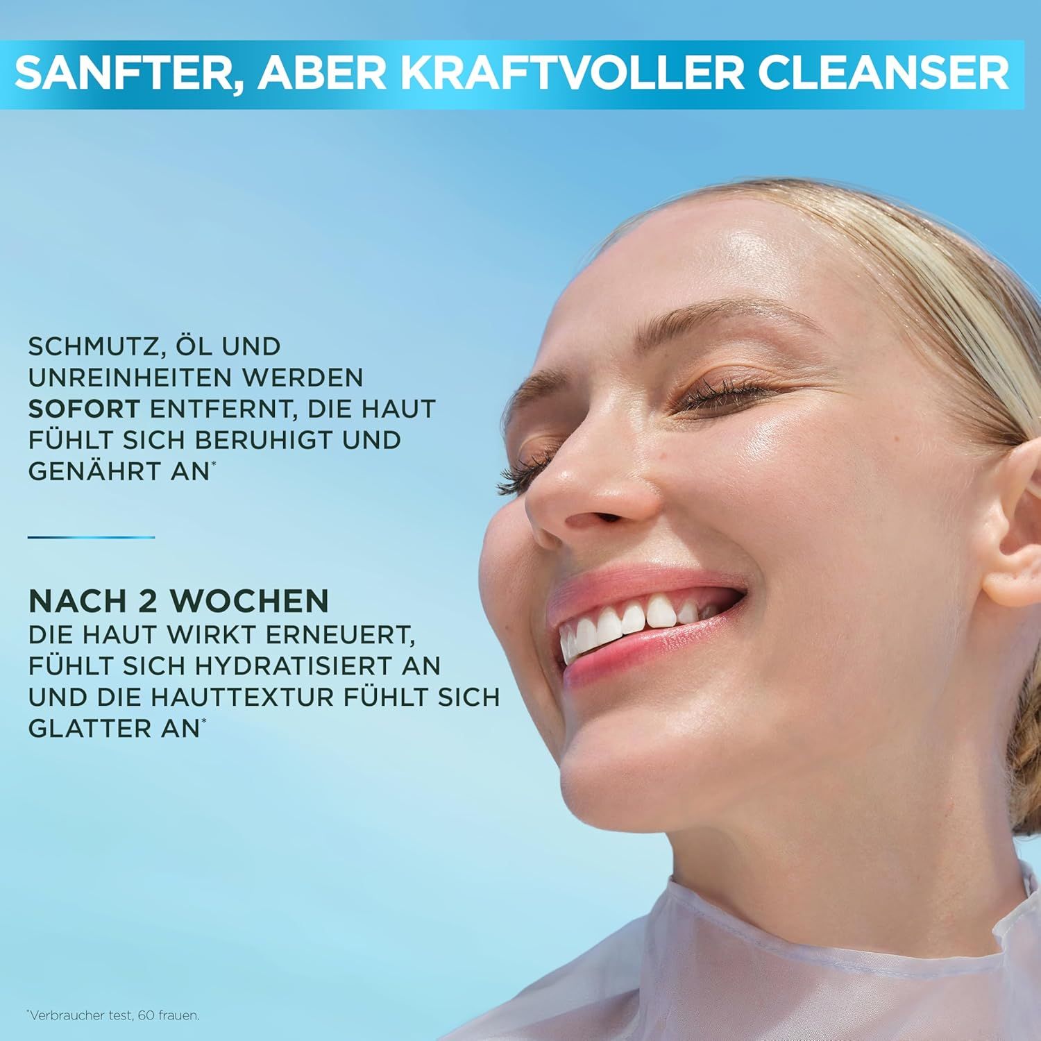 Nahaufnahme einer lächelnden Frau. Text: Sanfter, aber kraftvoller Cleanser. Nach 2 Wochen: Haut erneuert, hydratisiert.