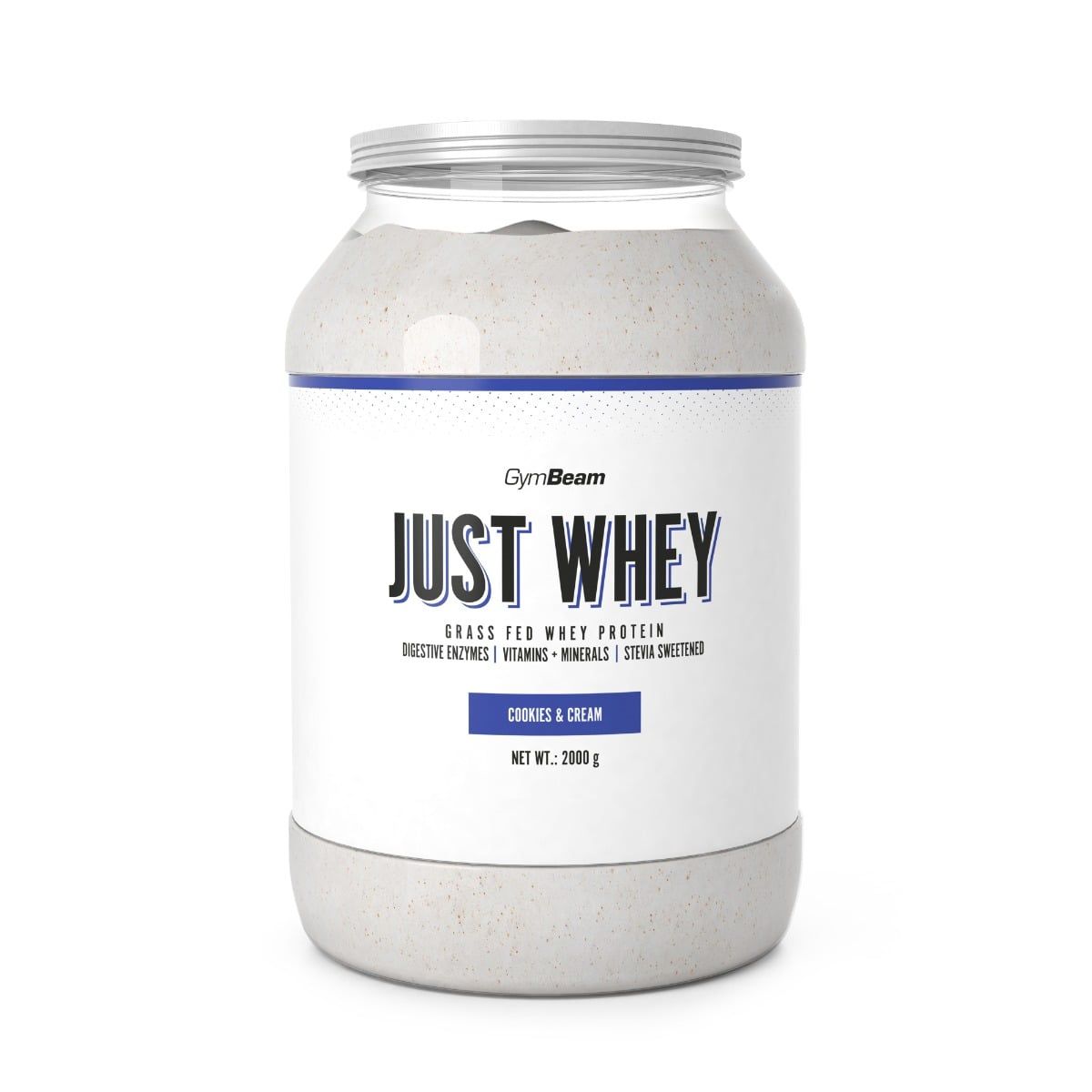 Großer Behälter mit Just Whey Molkenprotein Pulver, Sorte Cookies & Cream.