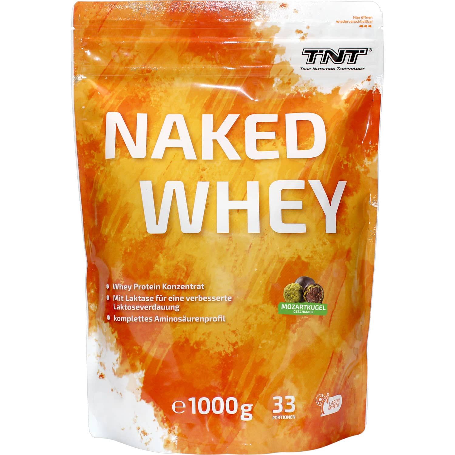 Beutel mit TNT Naked Whey. Aufschrift: Whey Protein Konzentrat, Laktase, Aminosäurenprofil. 1000g, 33 Portionen.