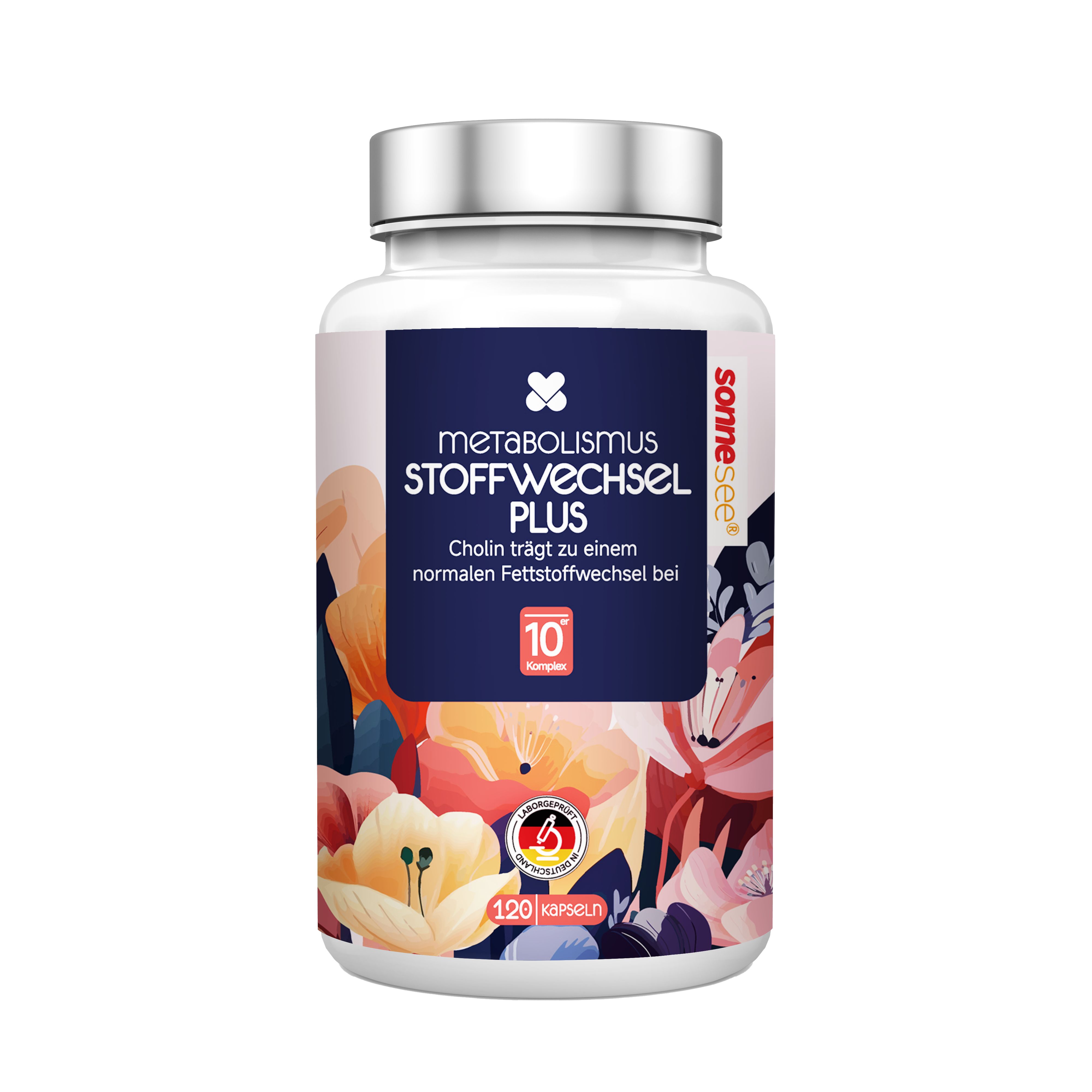 Flasche SonneSee Stoffwechsel Komplex mit 120 Kapseln und floralem Design.