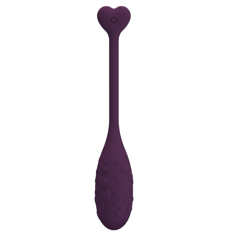 Lila Vibrator mit Herzspitze und ovalem, texturiertem Körper. Silikon, USB-aufladbar.