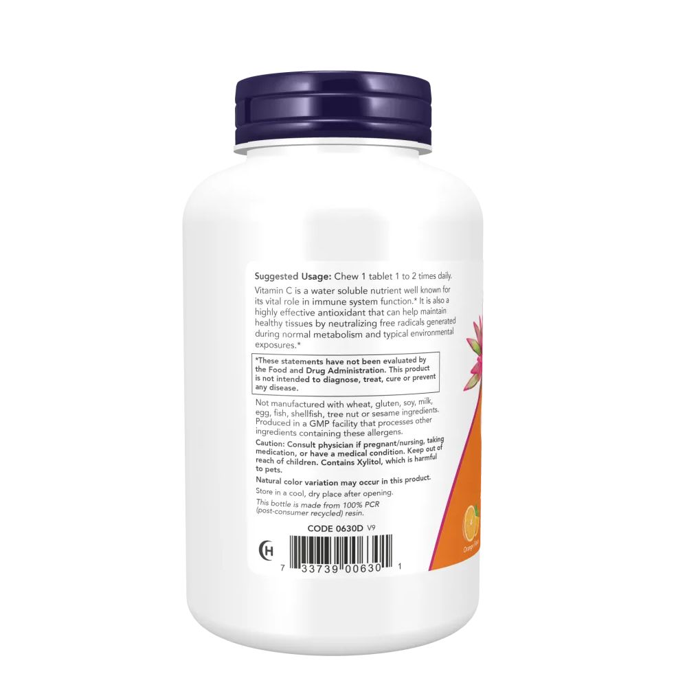 Rückseite der Vitamin C-500 Flasche. Enthält Anwendungshinweise und Warnhinweise. Weißer Behälter mit lila Deckel.