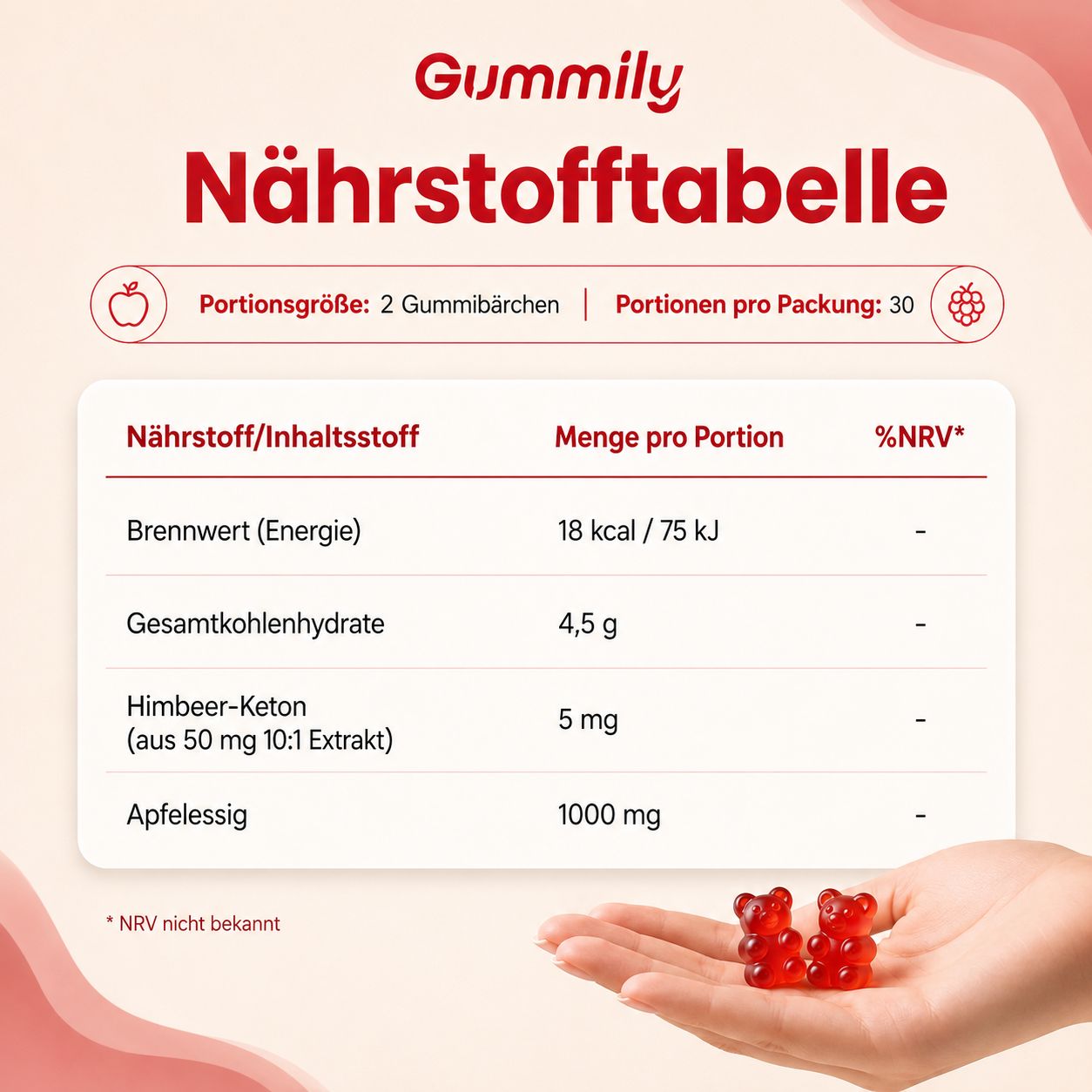 Gummily Nährstofftabelle: 2 Gummibärchen pro Portion, 30 Portionen. Apfelessig 1000 mg.