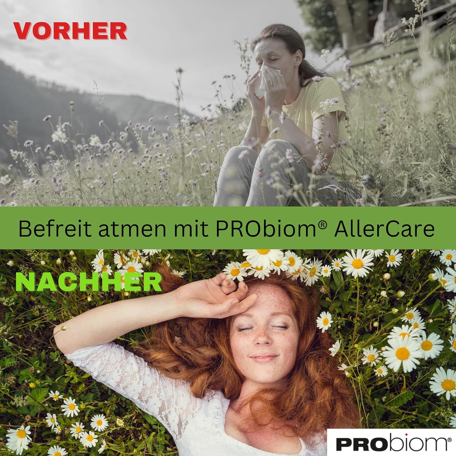 Vorher: Frau niest. Nachher: Frau liegt entspannt. Text: Befreit atmen mit Probiom AllerCare.