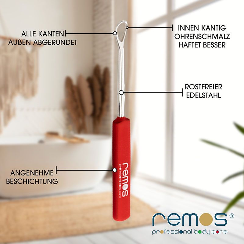 Ohrreiniger mit rotem Griff. Text: Angenehme Beschichtung, rostfreier Edelstahl, innen kantig, außen abgerundet. Marke: remos.