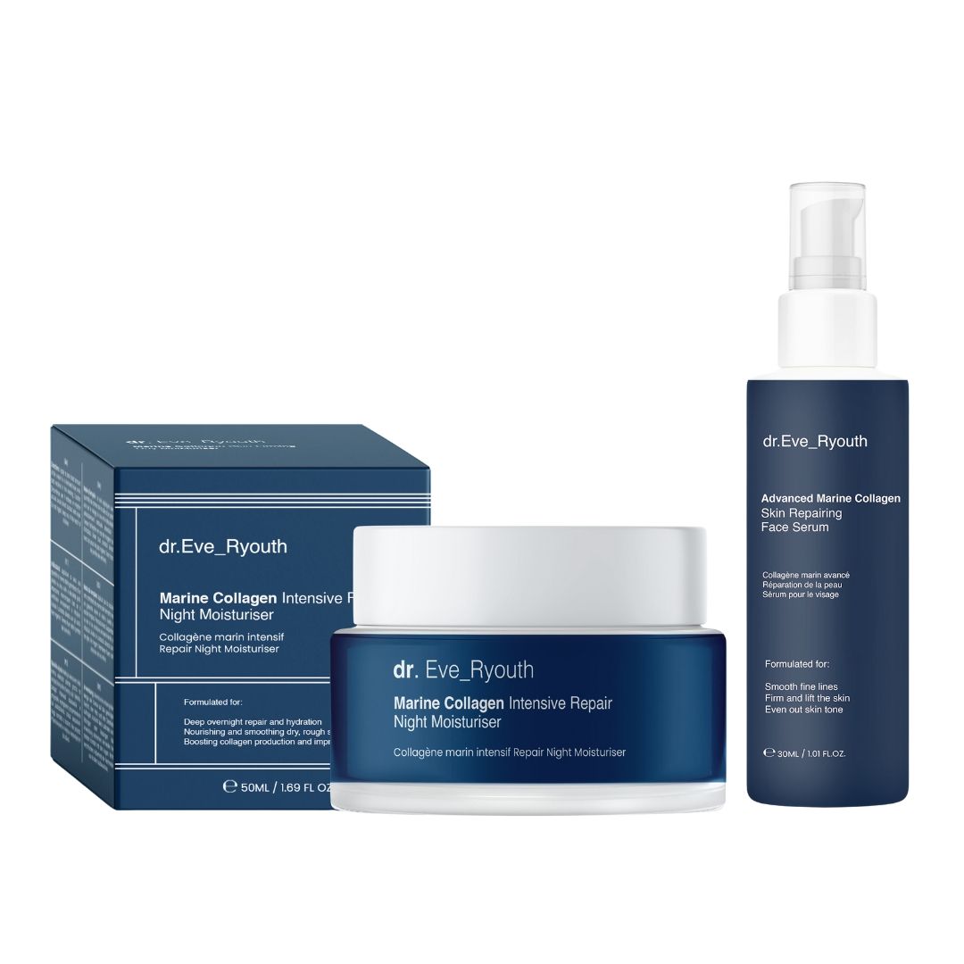 Drei Produkte: Nachtcreme, Serum und Schachtel. Blaue Verpackung mit weißer Schrift. "dr.Eve_Ryouth" und "Marine Collagen" sind sichtbar.