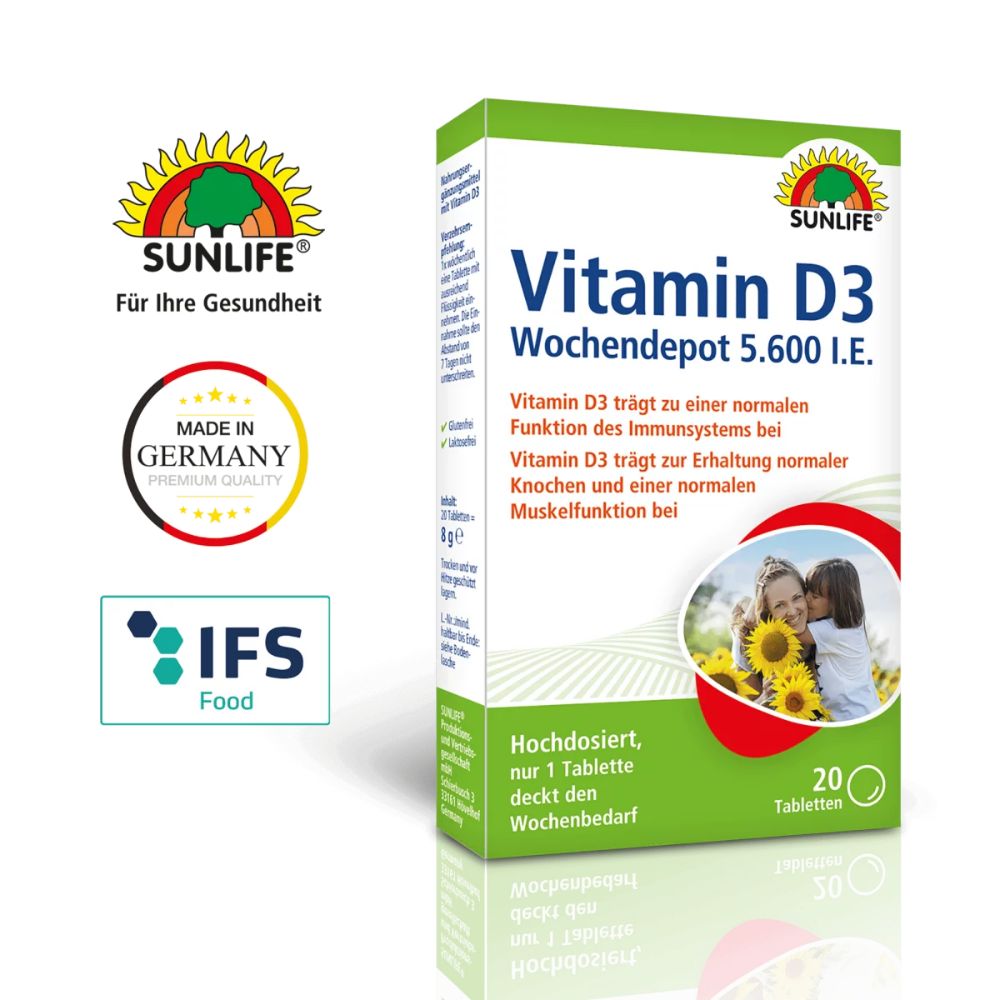 Verpackung SUNLIFE Vitamin D3 Wochendepot. Enthält 20 Tabletten. Aufdrucke: Vitamin D3, 5.600 I.E., Bild von Mutter und Kind. Made in Germany.