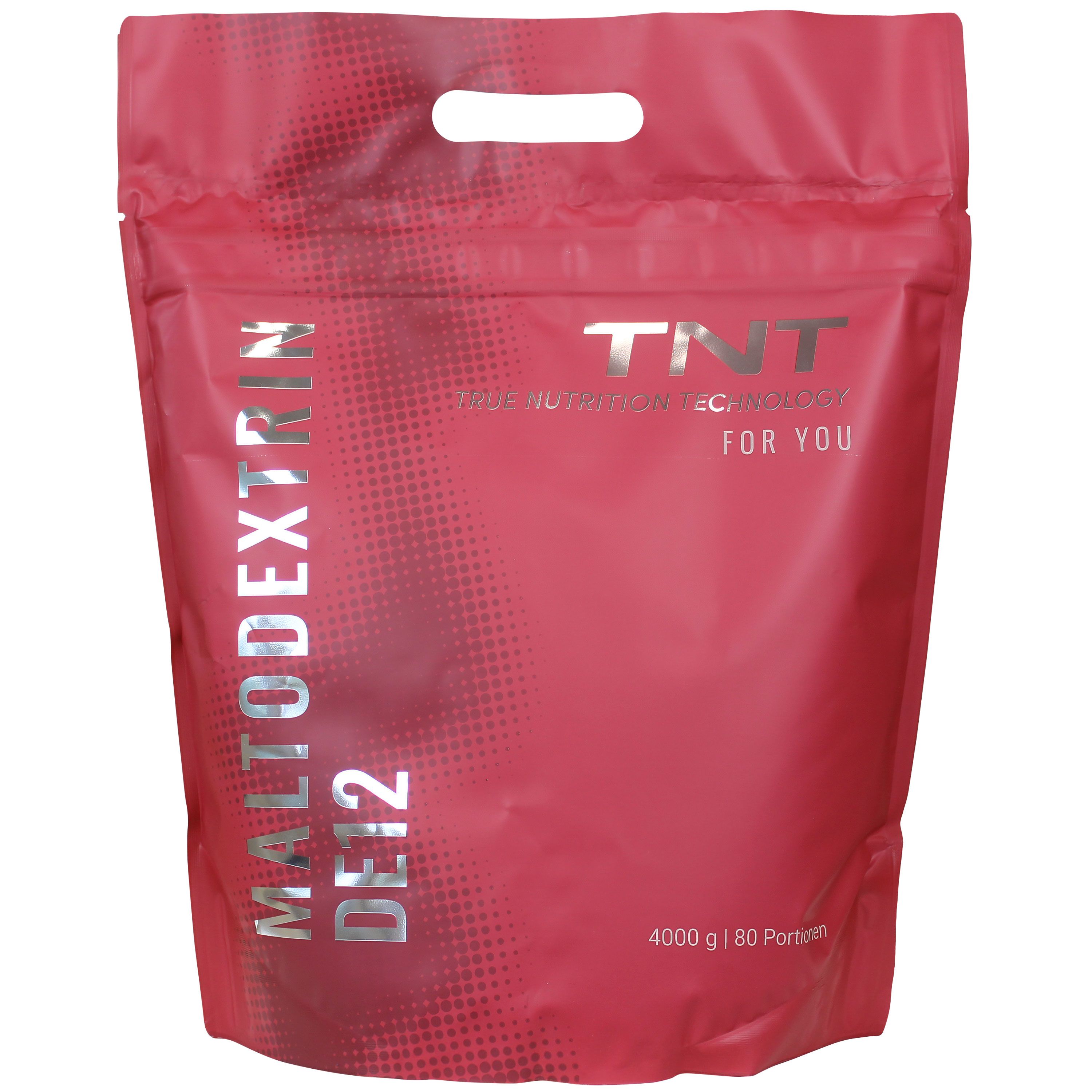 Roter Beutel mit TNT Maltodextrin DE12. Text: 4000 g | 80 Portionen. TNT-Logo. Für dich.